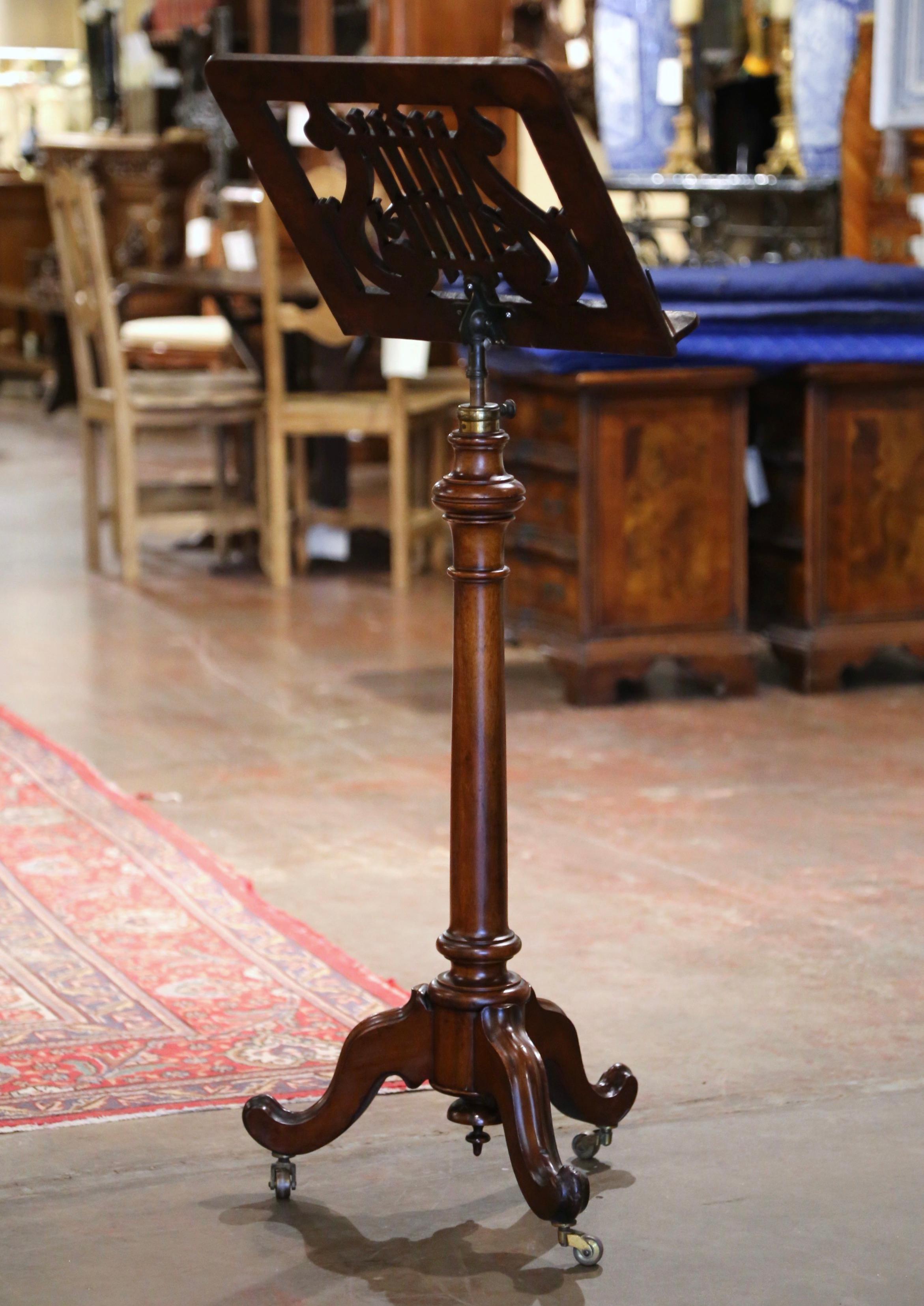19th-Century English Mahogany Music Stand on Wheels with Pierced Lyre Motif 2