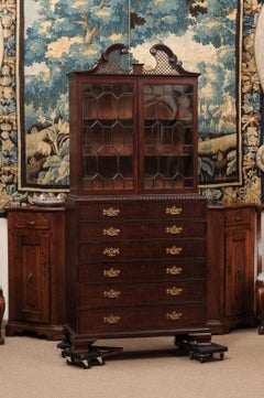 19th Century English Mahogany Secretary Bookcase with Fretwork Swan Neck Cornice