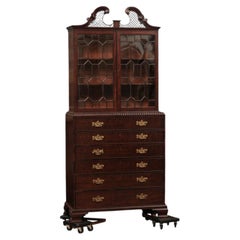 19th Century English Mahogany Secretary Bookcase with Fretwork Swan Neck Cornice