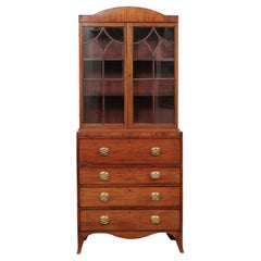 19th Century English Mahogany Secretary Bookcase with Splay Feet & String Inlay