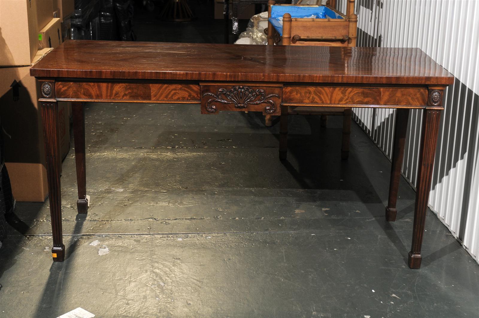 Wood 19th Century English Mahogany Serving Table with Carved Shell & Fluted Legs