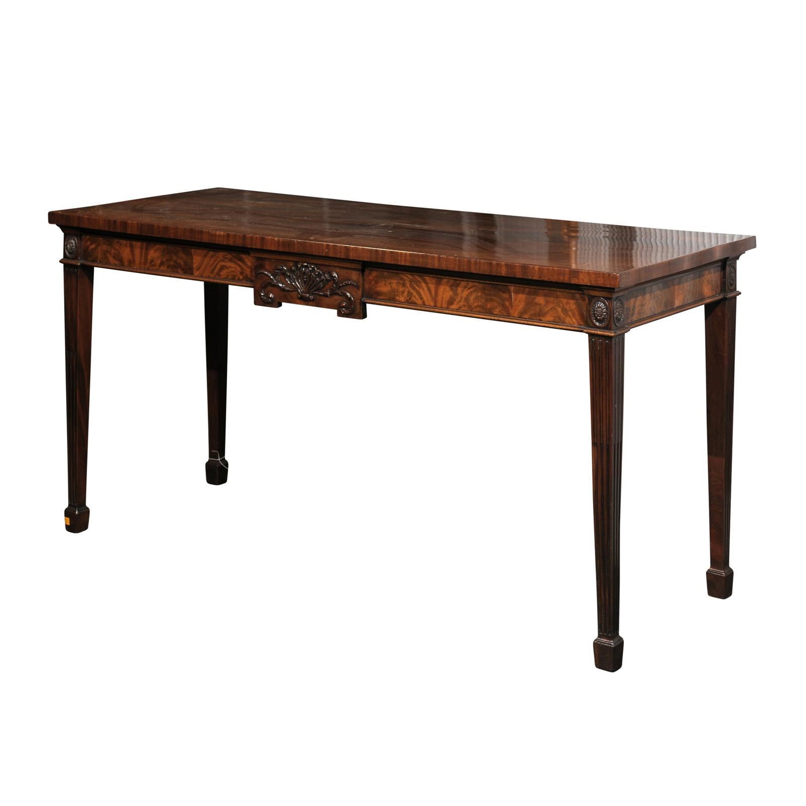 19th Century English Mahogany Serving Table with Carved Shell & Fluted Legs