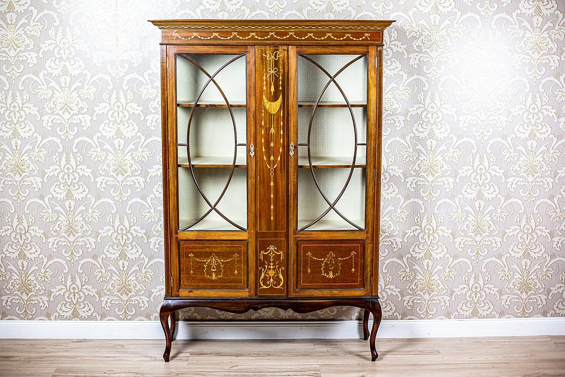 We present you a mahogany showcase from the 2nd half of the 19th century.
This piece of furniture is two-leaf, placed on bent legs, and topped with a straight cornice.
The leaves are glazed on three quarters of their height.
Furthermore, the