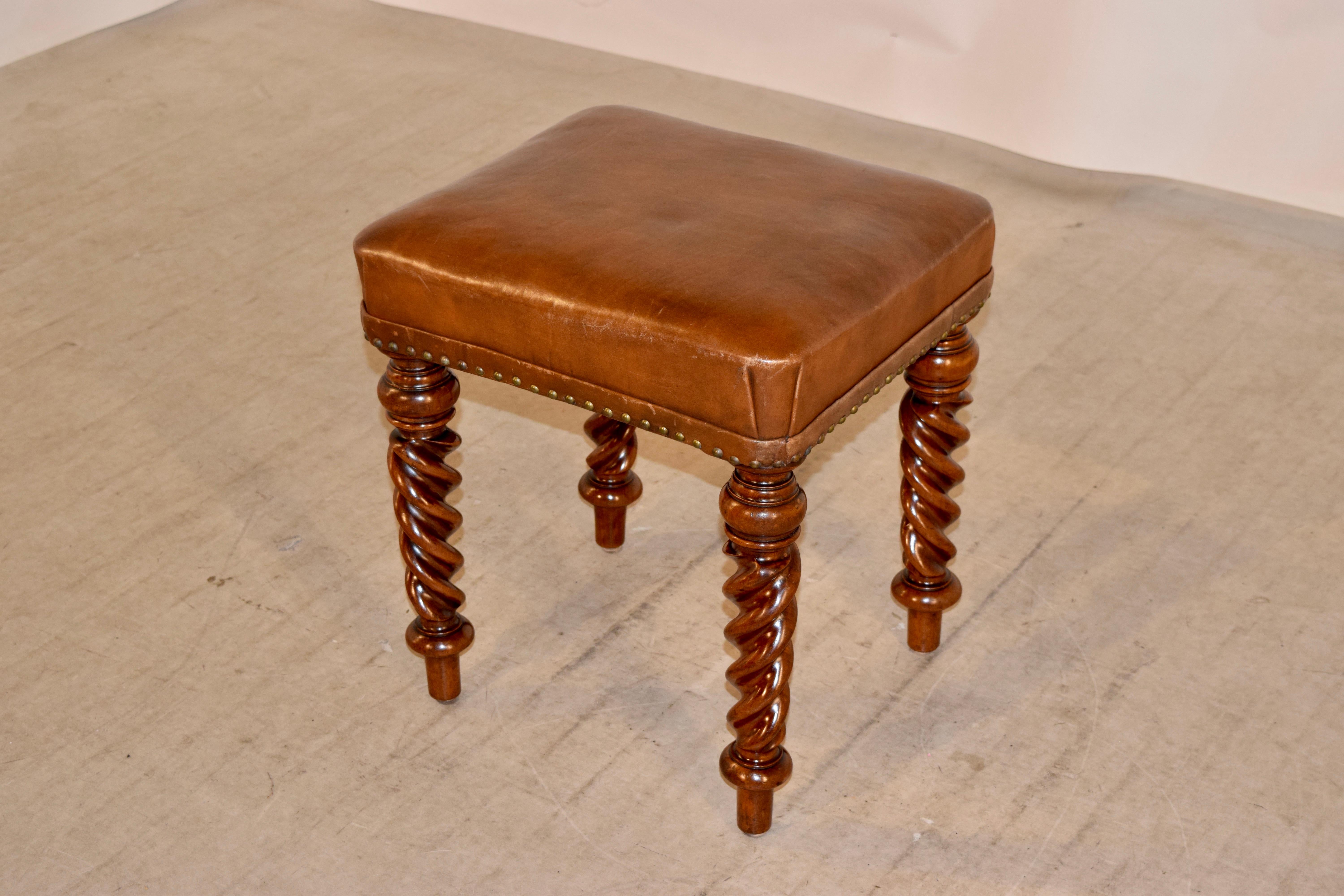 Turned 19th Century English Mahogany Stool with Leather Top