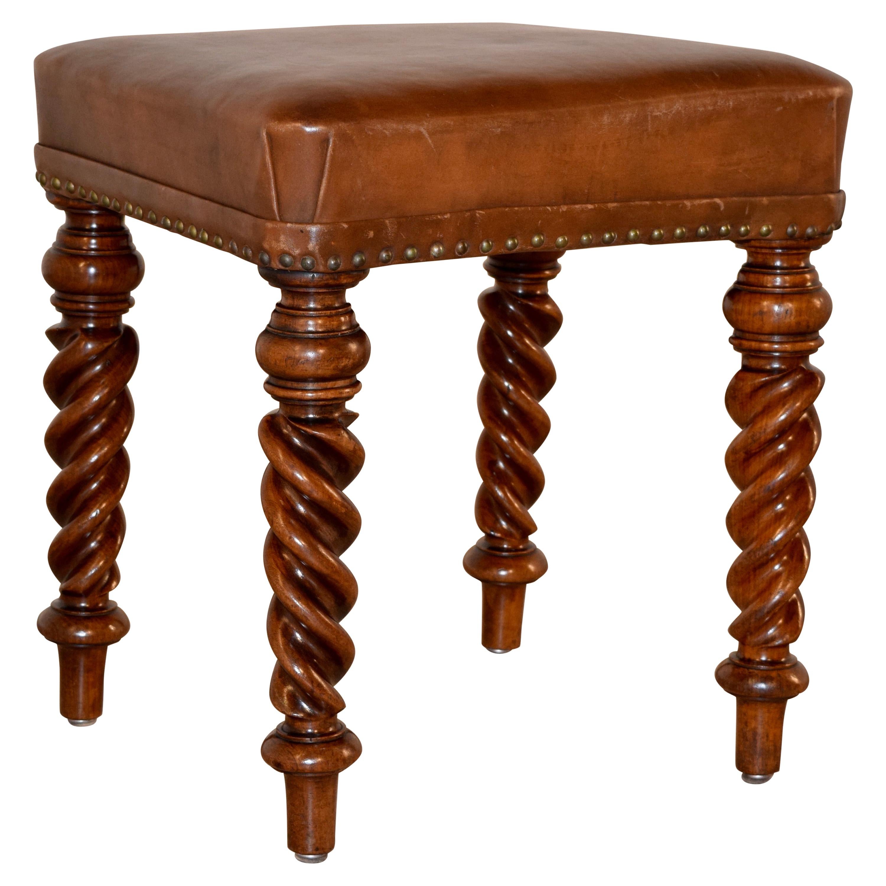 19th Century English Mahogany Stool with Leather Top