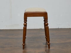 19th Century English Mahogany Stool with Turned Legs and Upholstered Seat