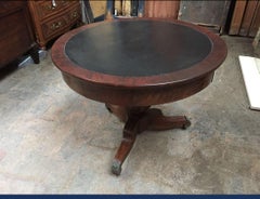 19th Century English Mahogany Table with Drawers and Black Leather Top, 1890s