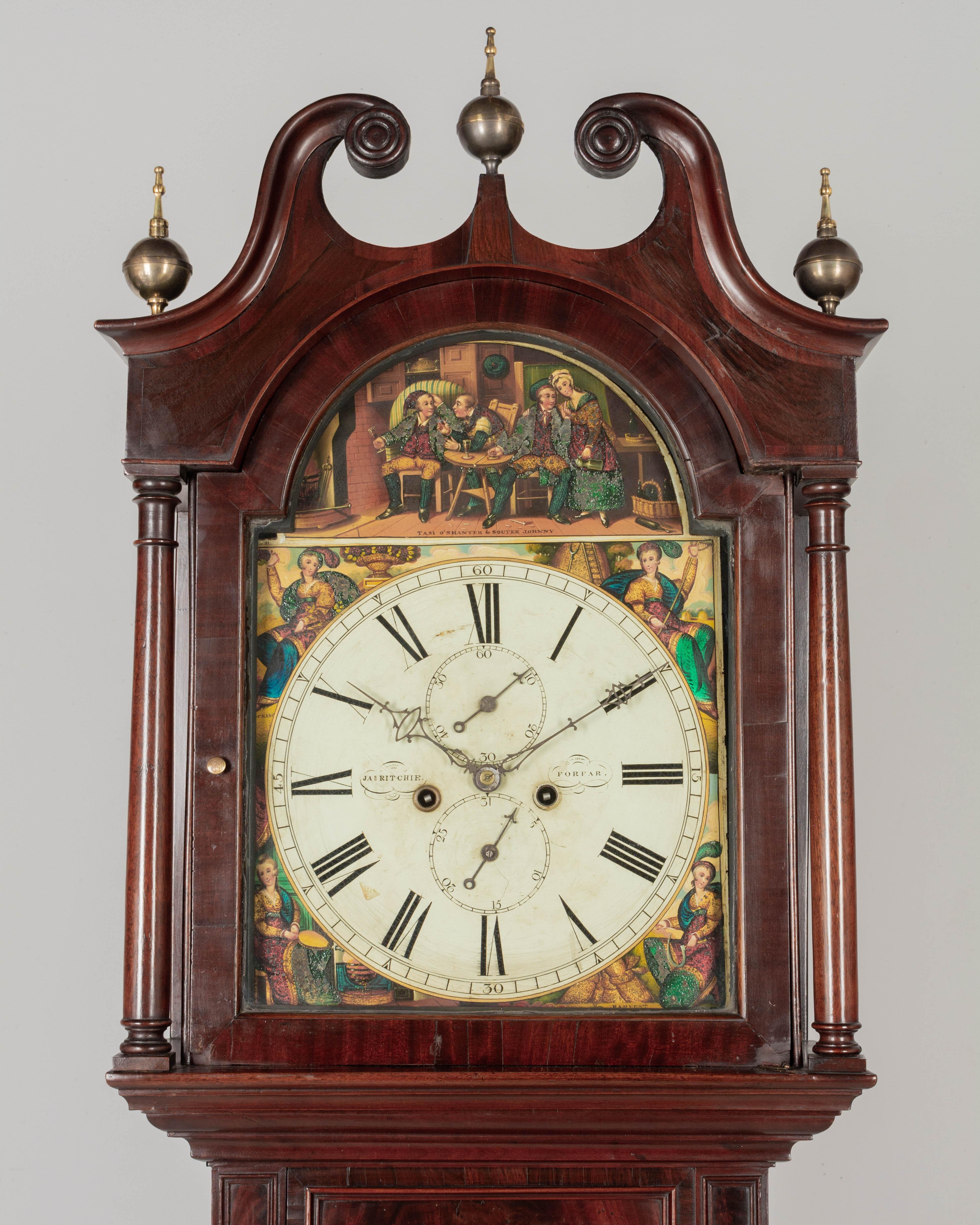 Turned 19th Century English Mahogany Tall Case Clock