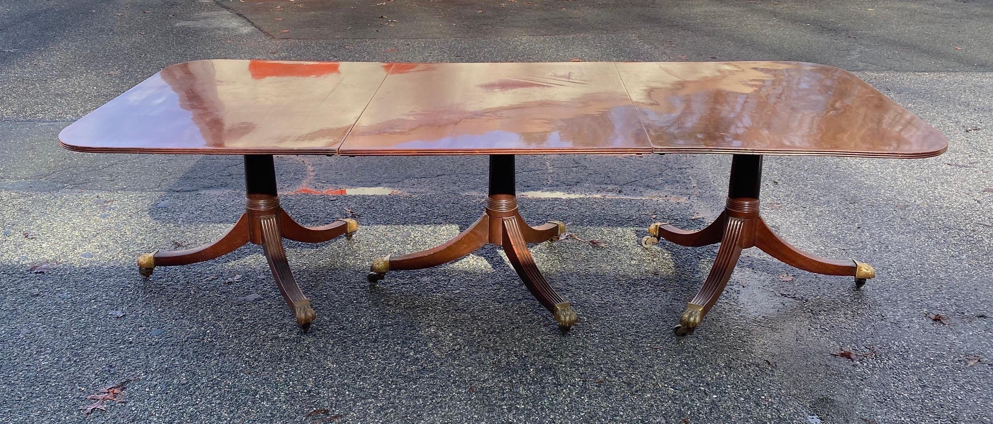 19th Century English Mahogany Triple Pedestal Dining Table w/ Harry Paw Castors 2