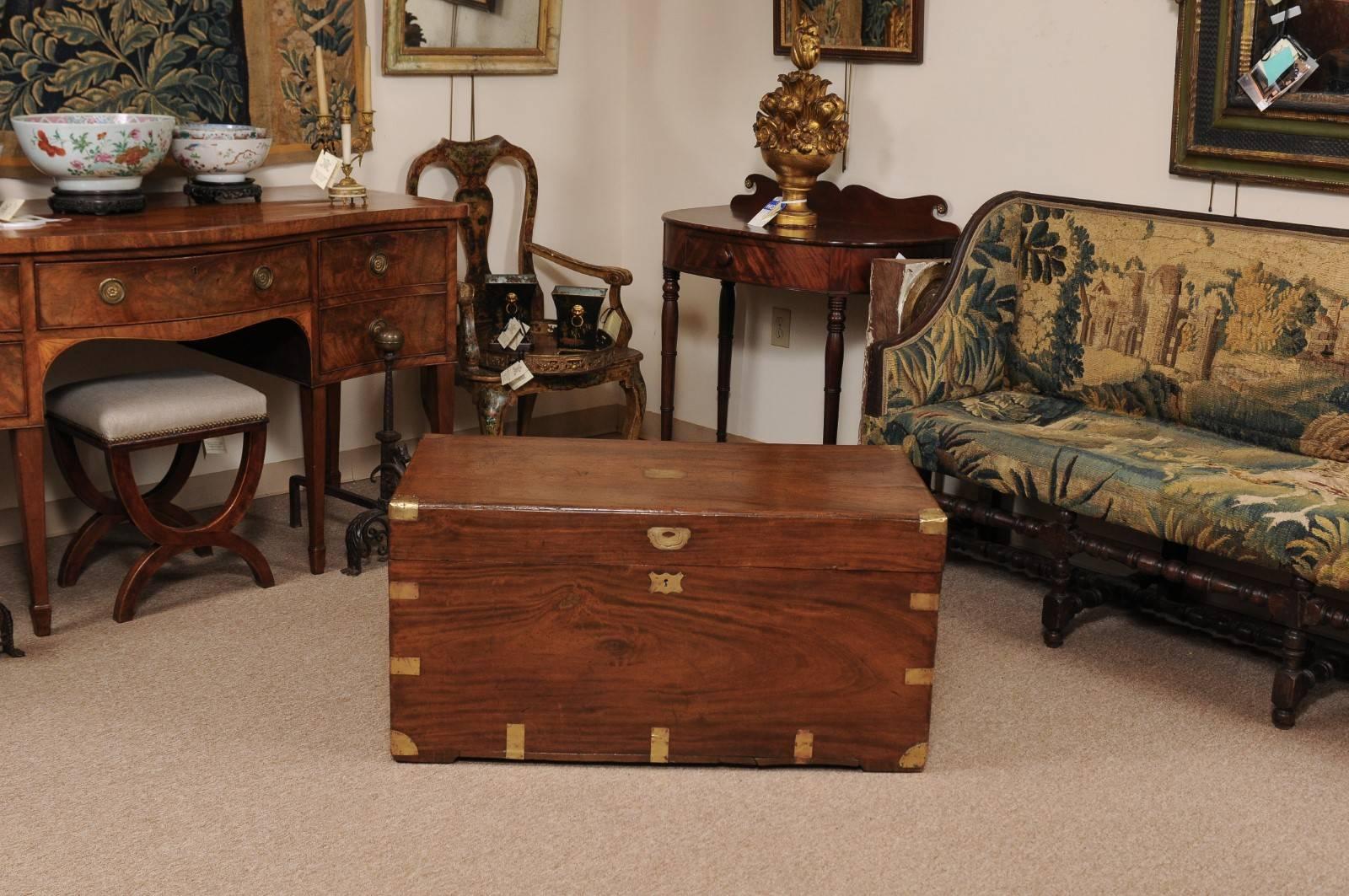 19th Century English Mahogany Trunk with Brass Mounts and Handles In Good Condition In Atlanta, GA