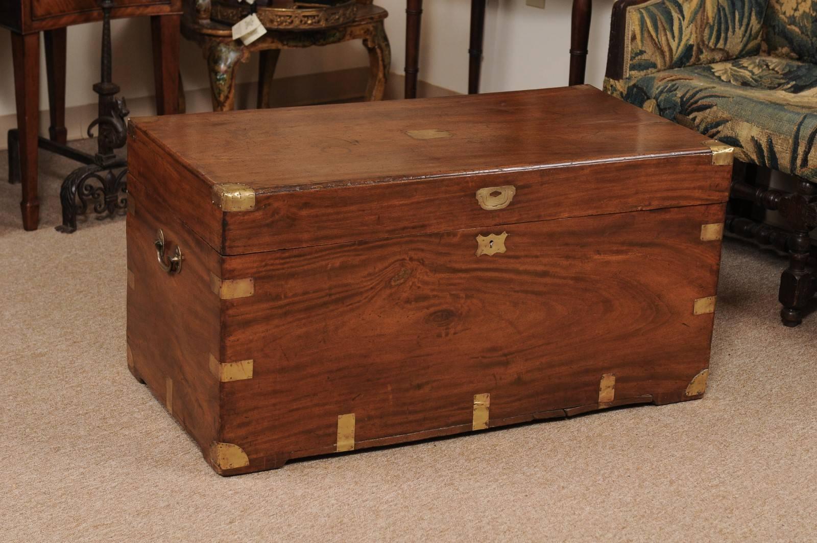 19th Century English Mahogany Trunk with Brass Mounts and Handles 1