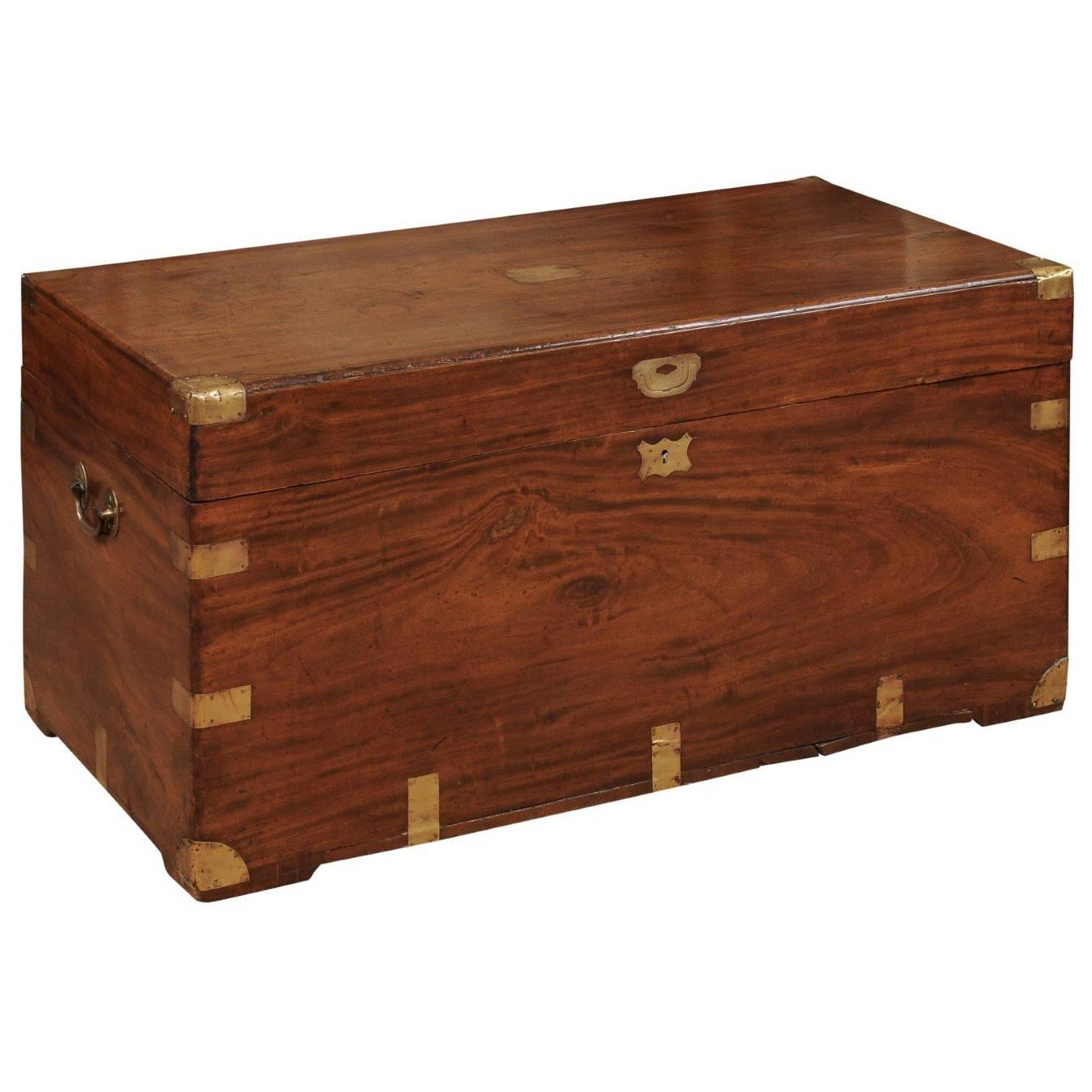 19th Century English Mahogany Trunk with Brass Mounts and Handles