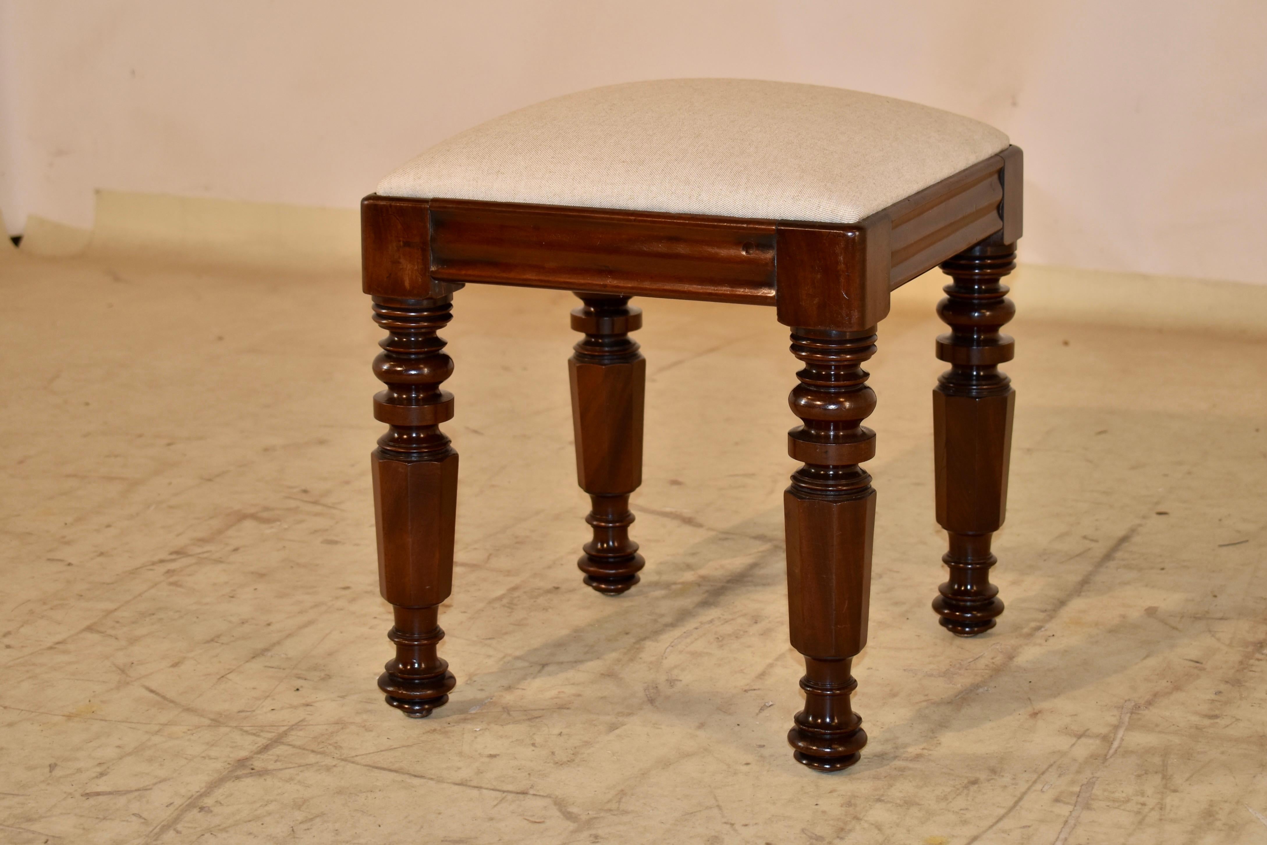 Turned 19th Century English Mahogany Upholstered Stool For Sale