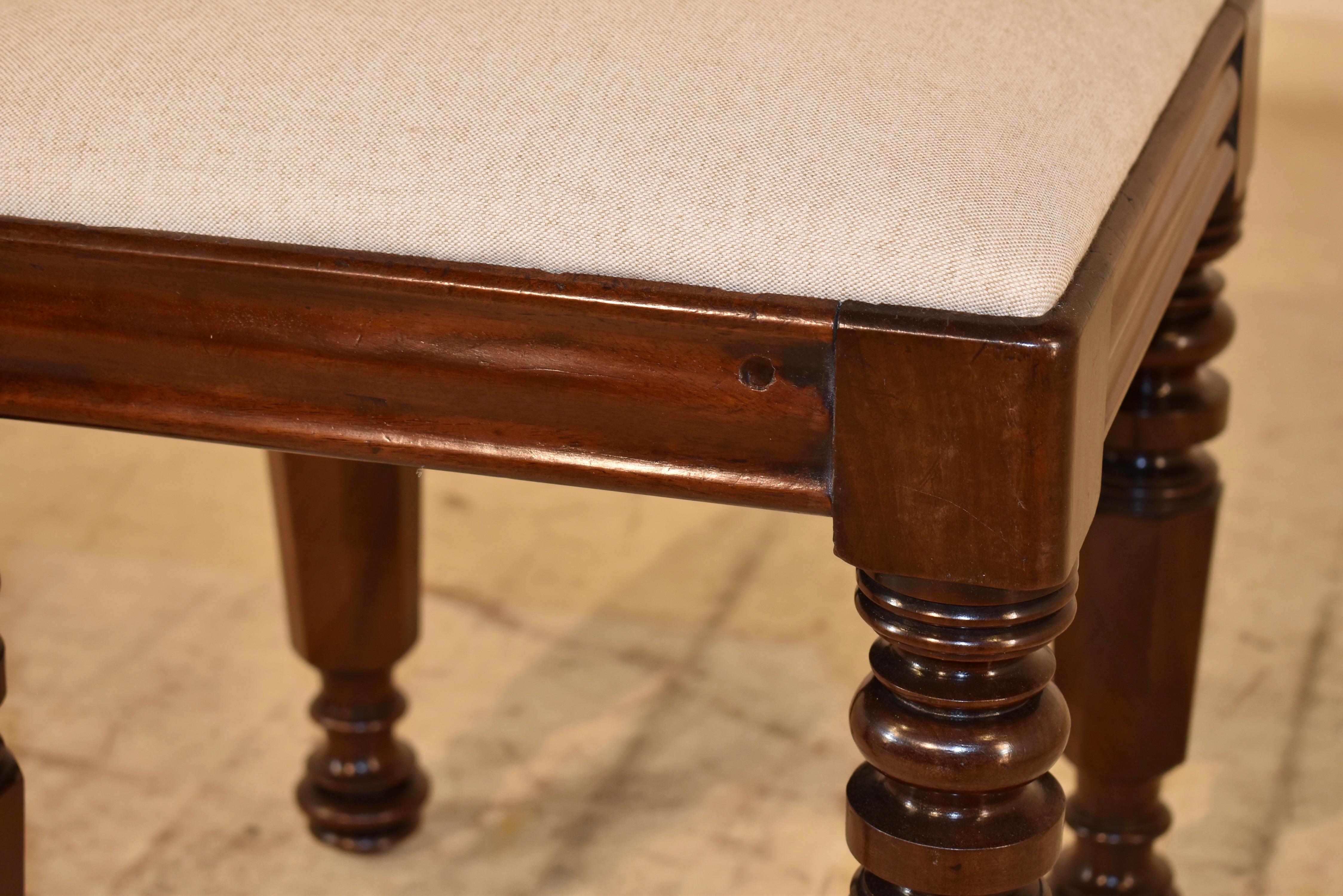 Linen 19th Century English Mahogany Upholstered Stool For Sale