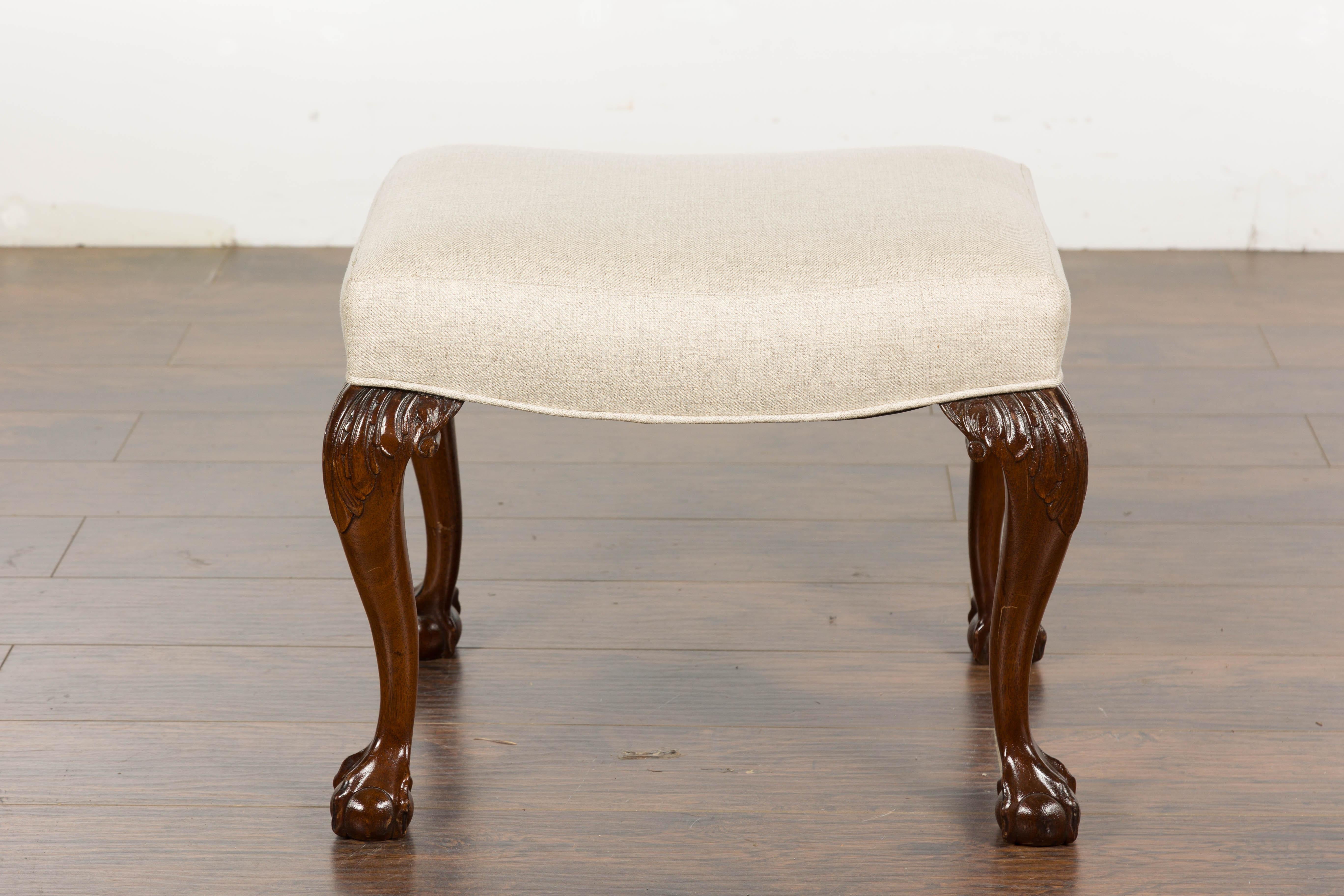 Carved 19th Century English Mahogany Upholstered Stool with Cabriole Legs For Sale