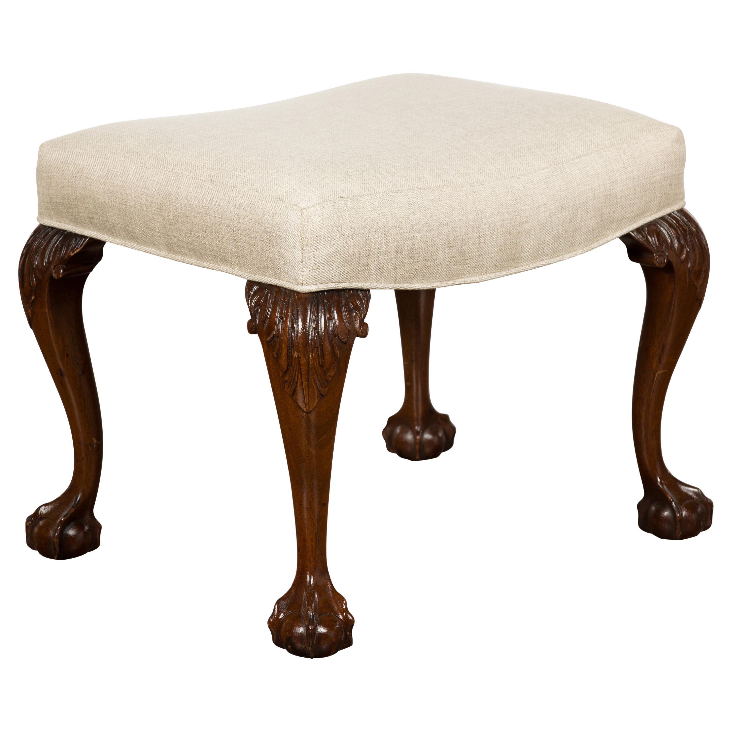 19th Century English Mahogany Upholstered Stool with Cabriole Legs For Sale