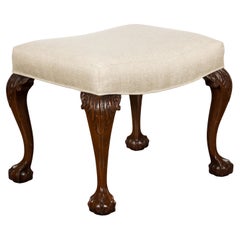 Antique 19th Century English Mahogany Upholstered Stool with Cabriole Legs