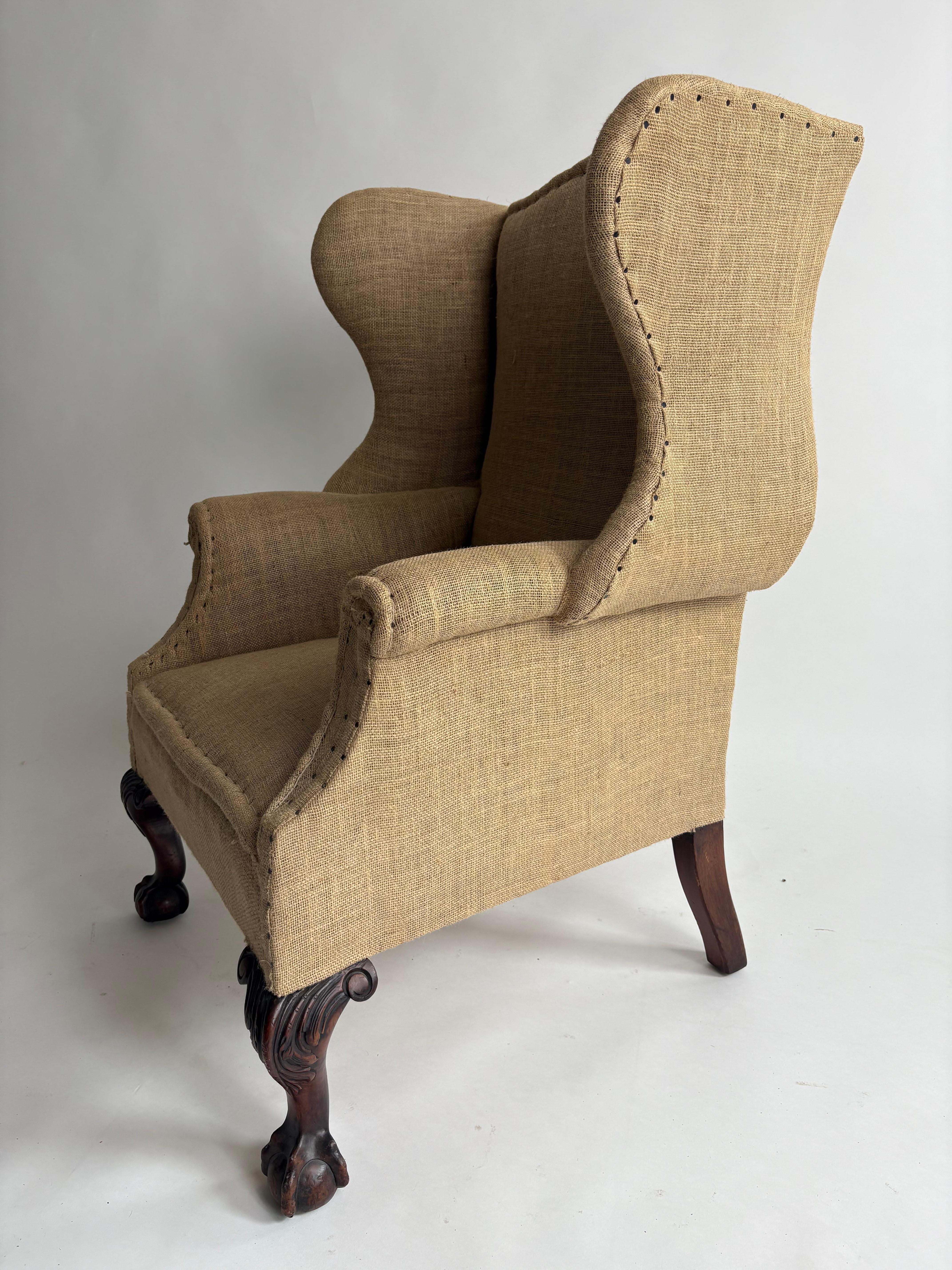Mid 19th Century mahogany high back chair with cabriole legs.

The chair has been upholstered to hessian, with a generously proportioned seat ,the curvaceous wings not only make it a very comfortable seat but also an attractive rather sculptural