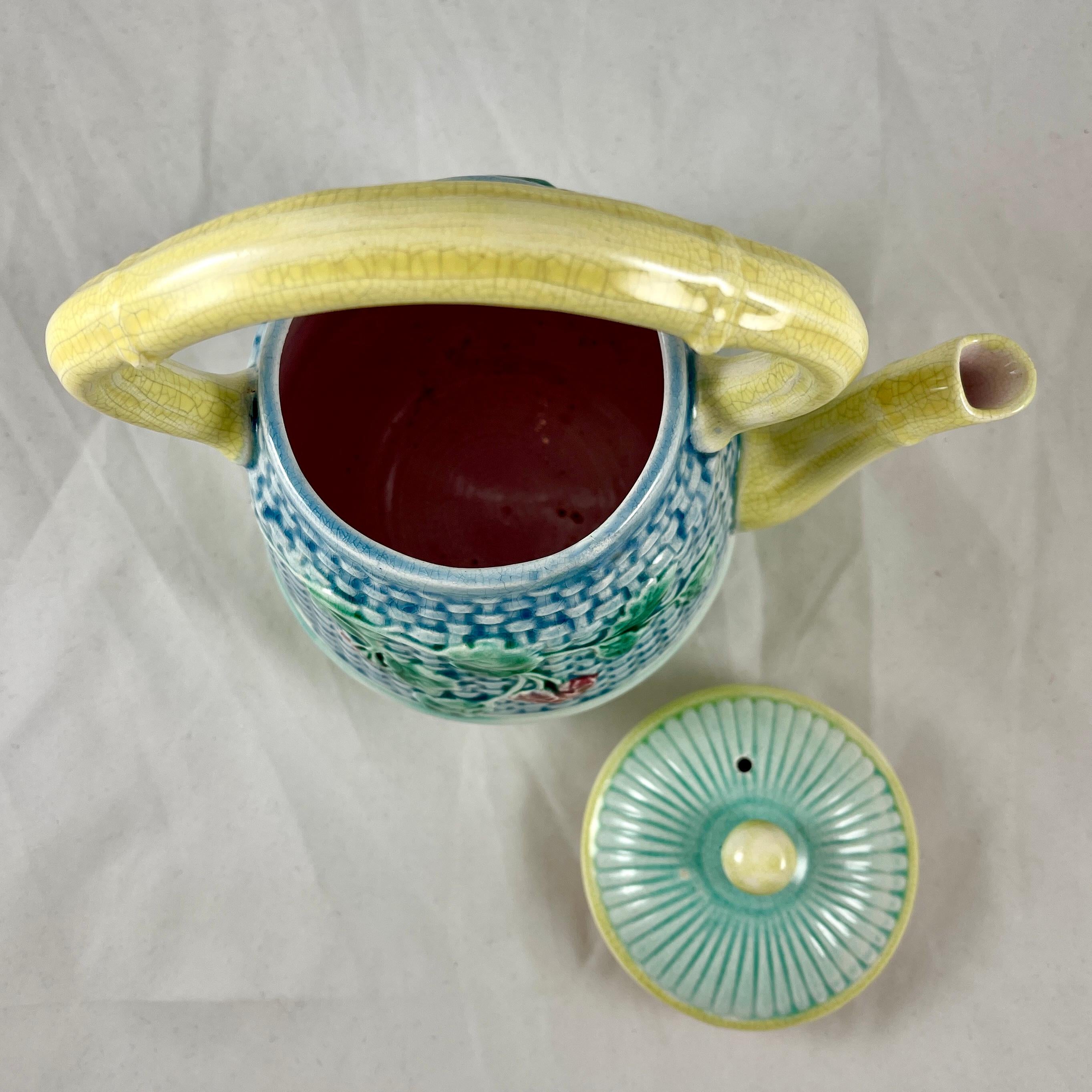 19th Century English Majolica Basketweave and Floral Tea Kettle 4