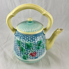 19th Century English Majolica Basketweave and Floral Tea Kettle