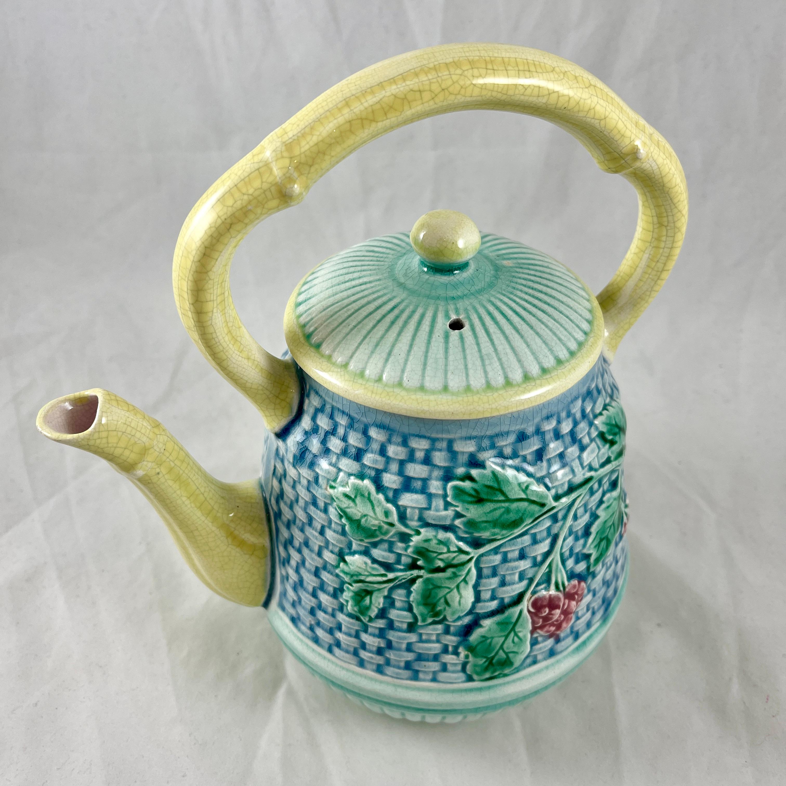 Aesthetic Movement 19th Century English Majolica Basketweave and Floral Tea Kettle