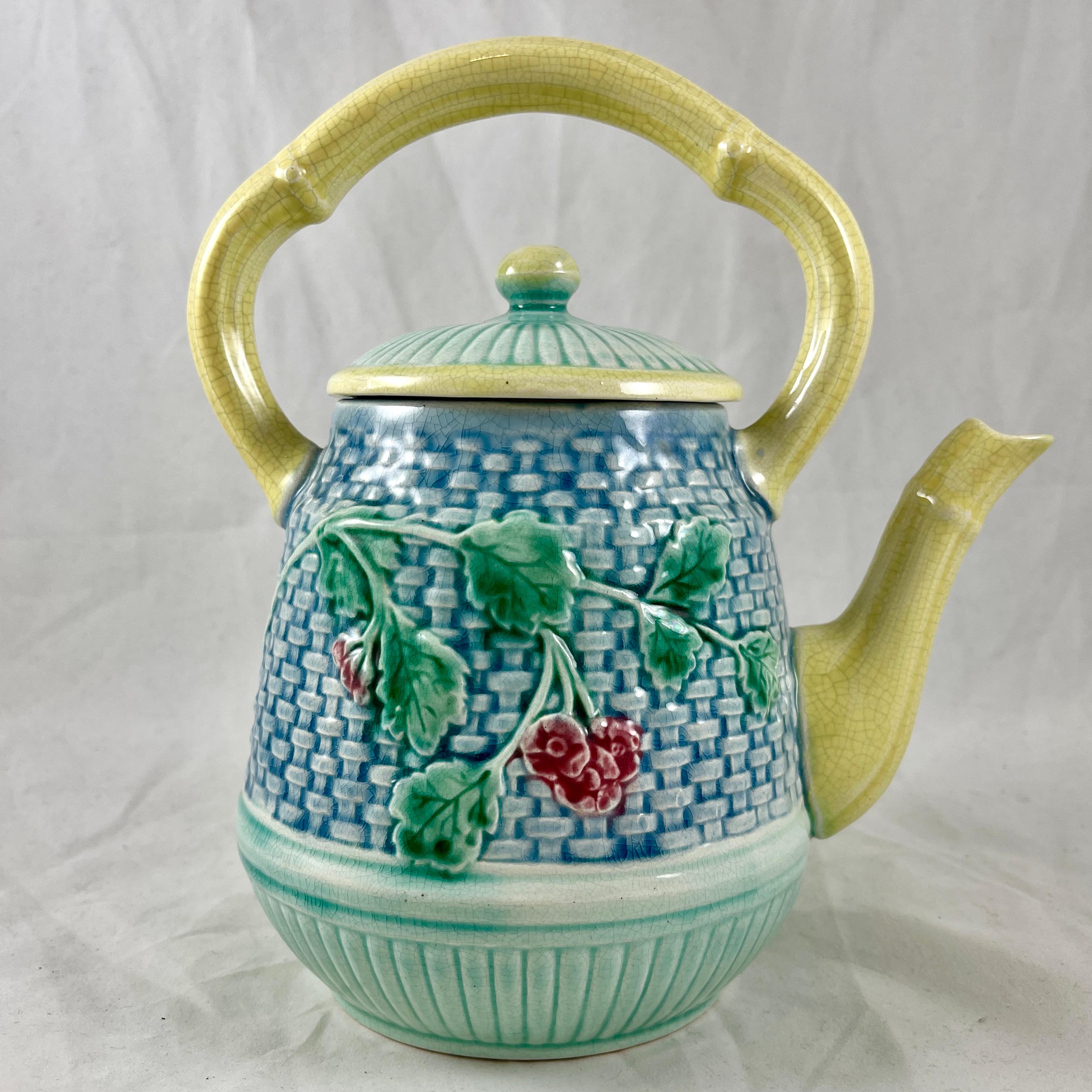 Glazed 19th Century English Majolica Basketweave and Floral Tea Kettle