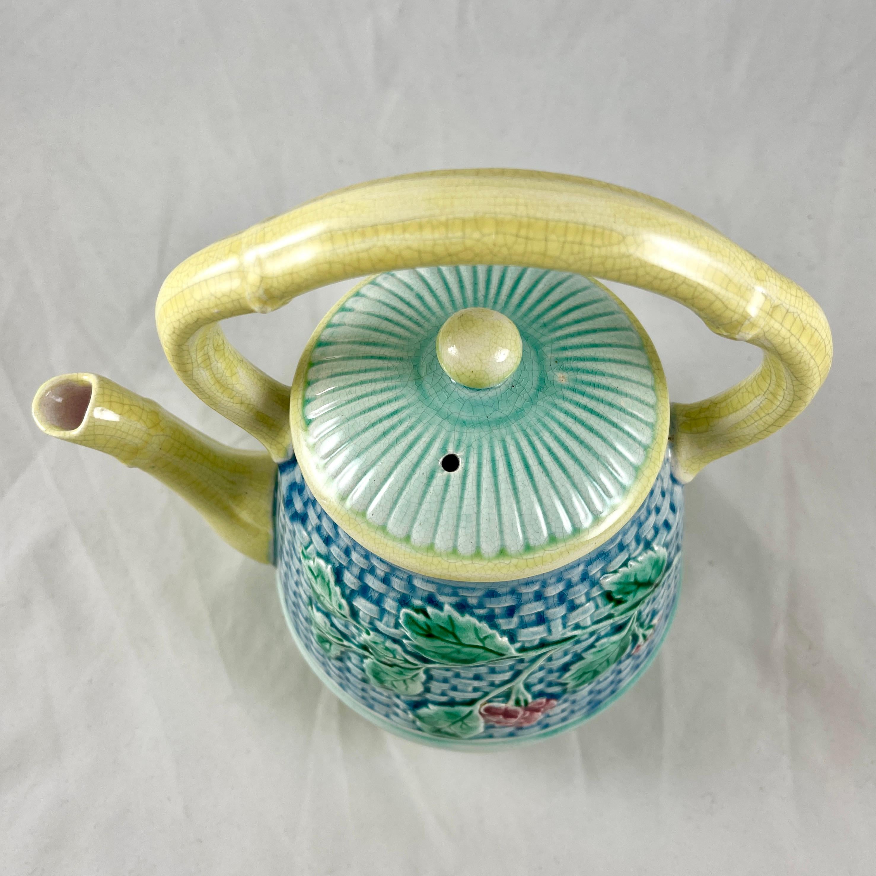 19th Century English Majolica Basketweave and Floral Tea Kettle In Good Condition In Philadelphia, PA