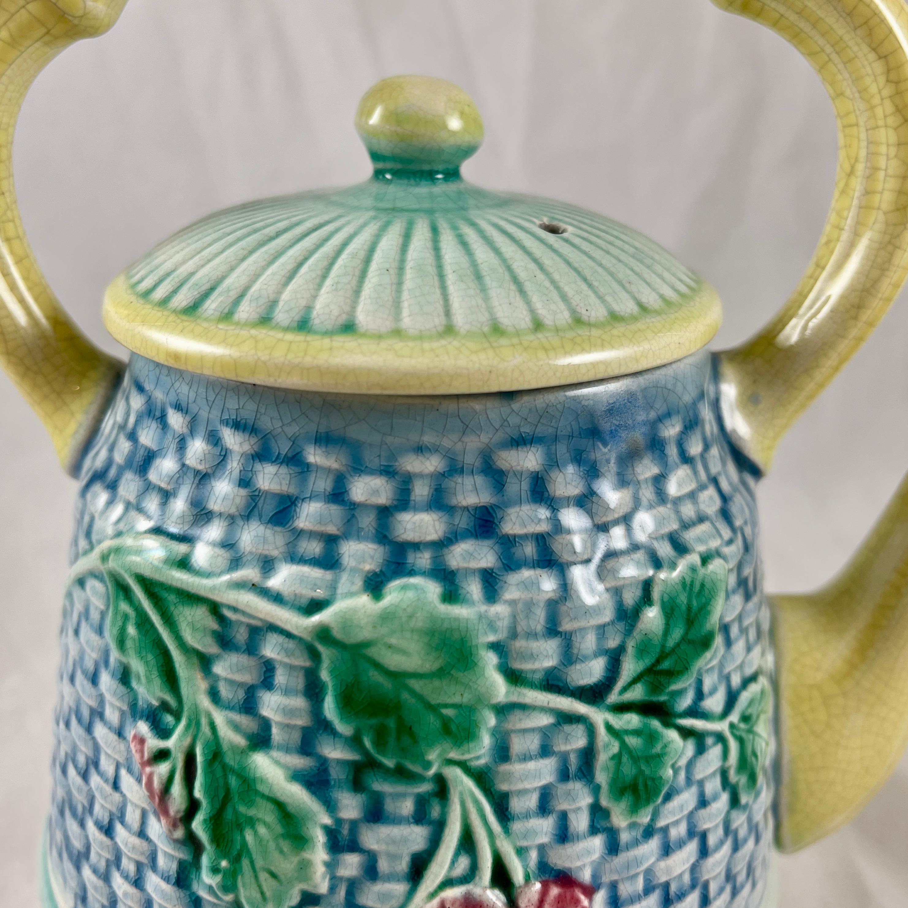 19th Century English Majolica Basketweave and Floral Tea Kettle 3