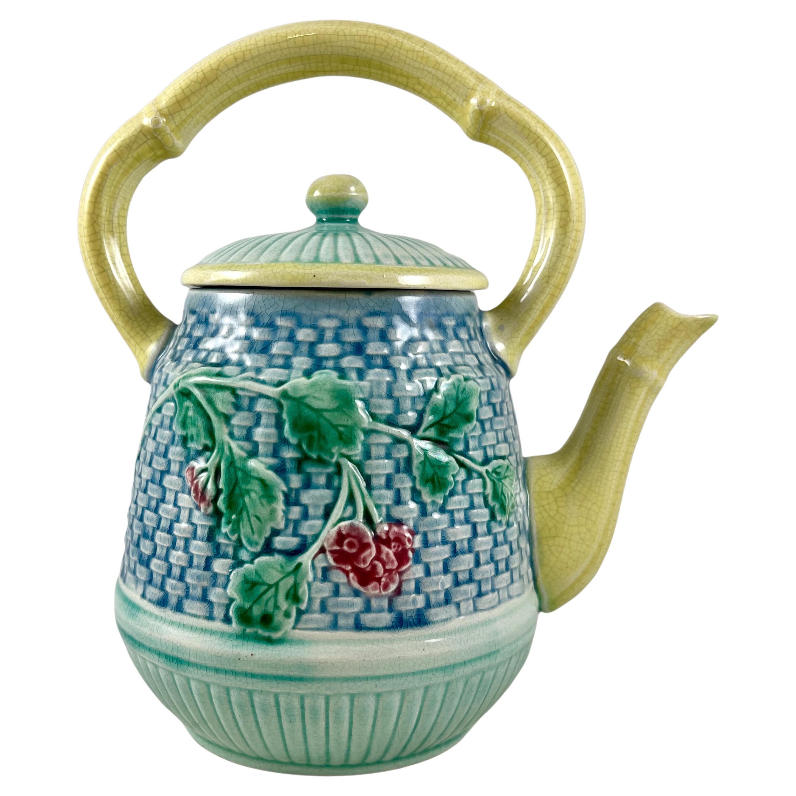 19th Century English Majolica Basketweave and Floral Tea Kettle