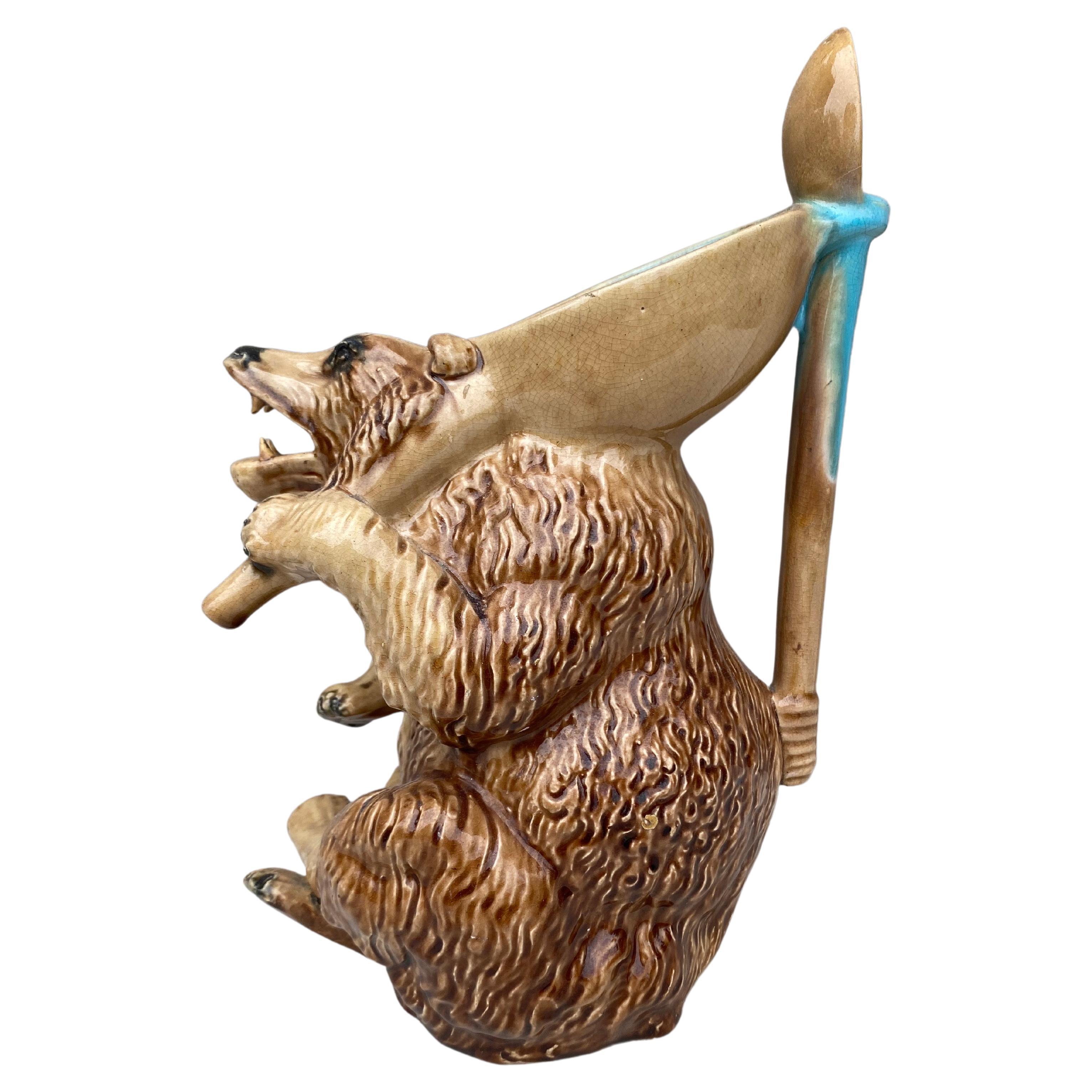 Rustic 19th Century English Majolica Bear Pitcher For Sale