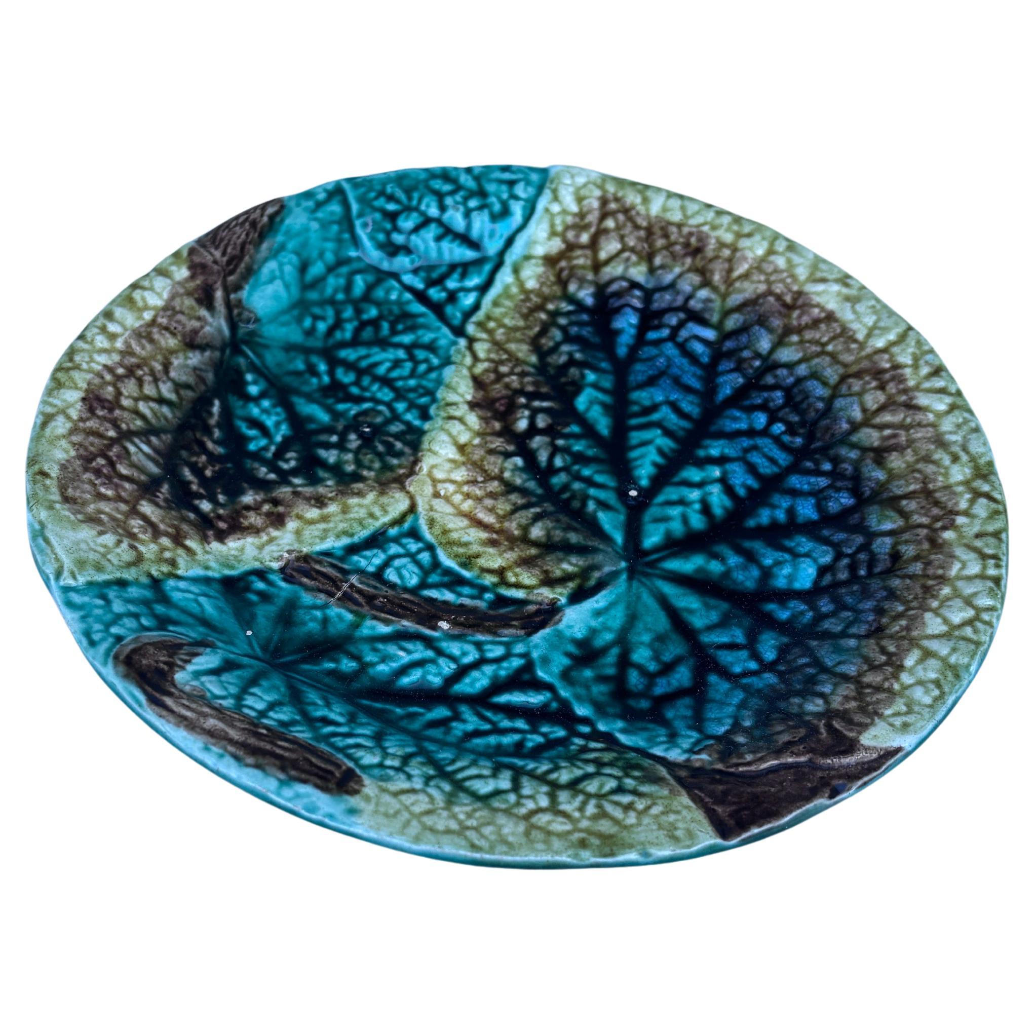 19th Century English Majolica Begonia Leaves Plate.
  