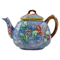 Antique 19th Century English Majolica Blue Basketweave and Wild Rose Teapot