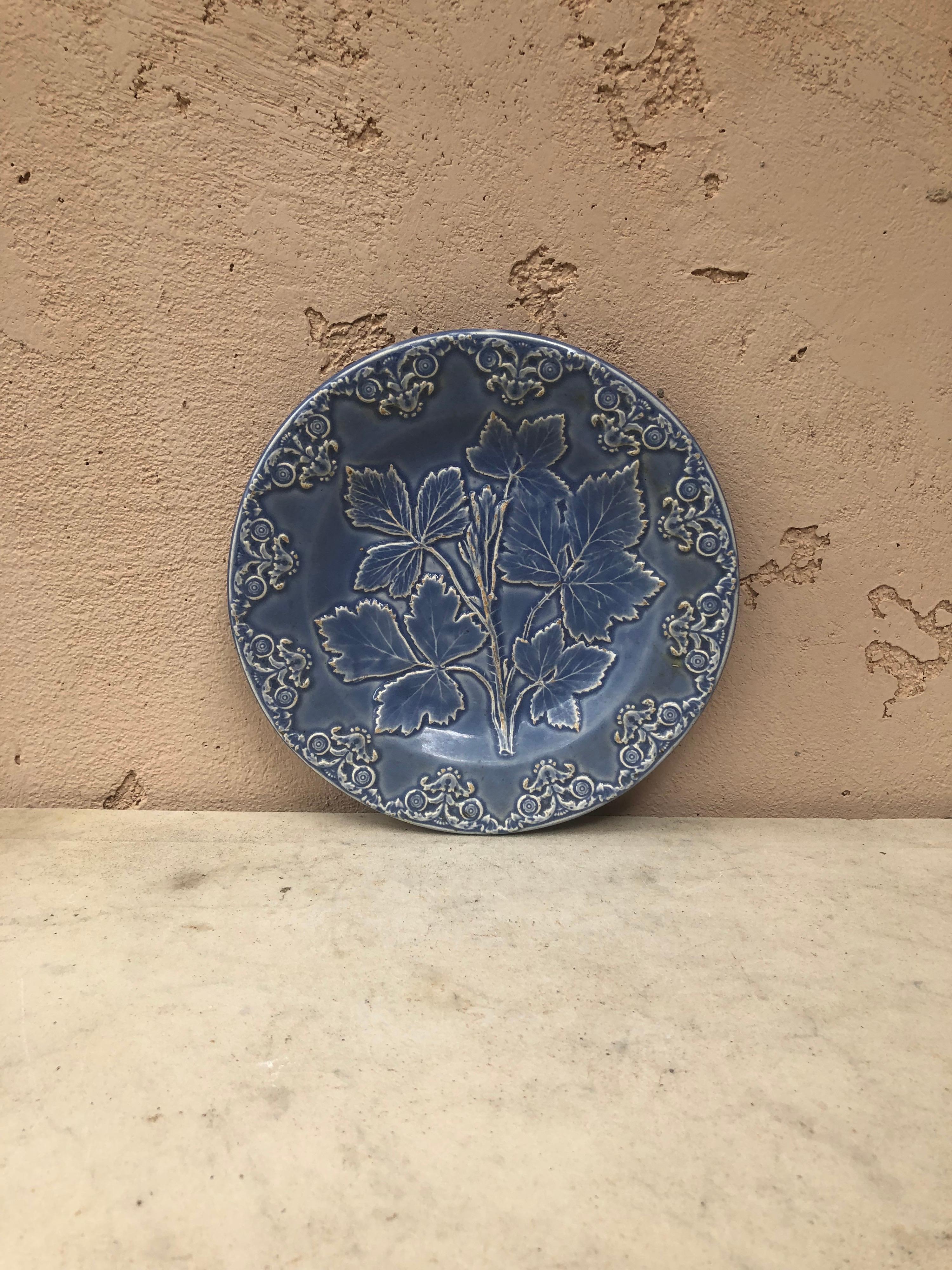 19th Century English Majolica blue leaves plate.