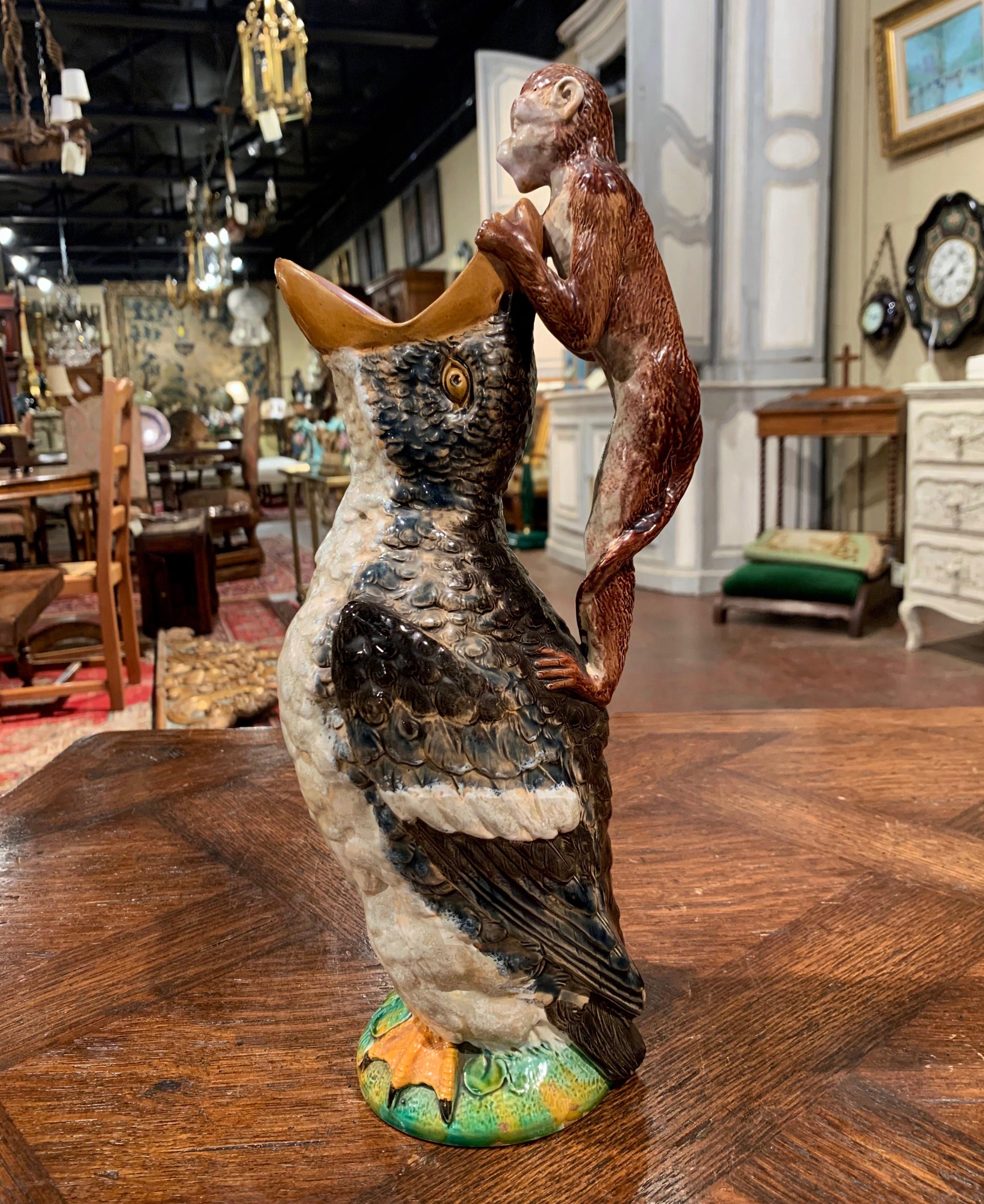 19th Century English Majolica Duck and Monkey Pitcher by Brownfield In Good Condition In Dallas, TX