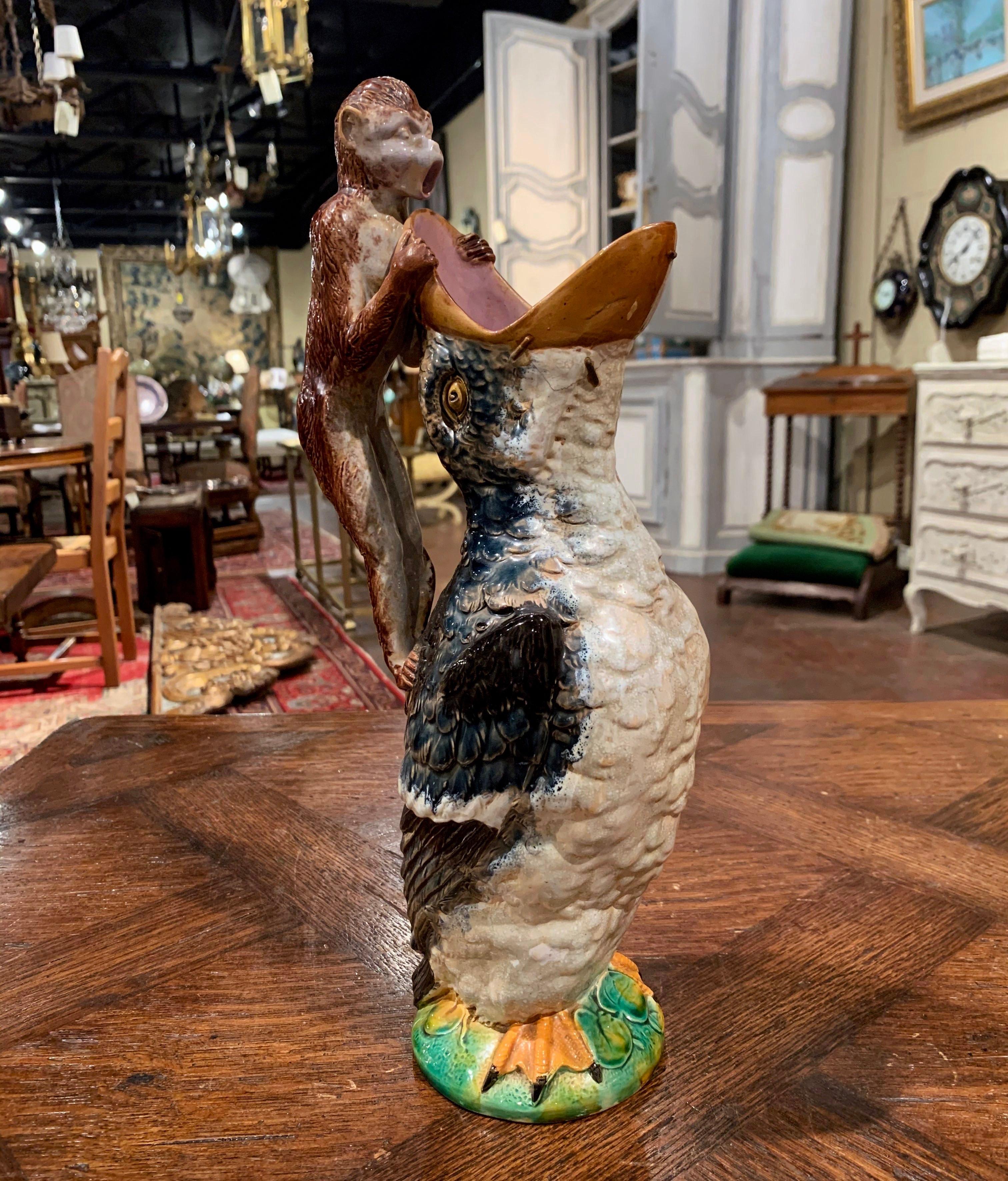 Ceramic 19th Century English Majolica Duck and Monkey Pitcher by Brownfield