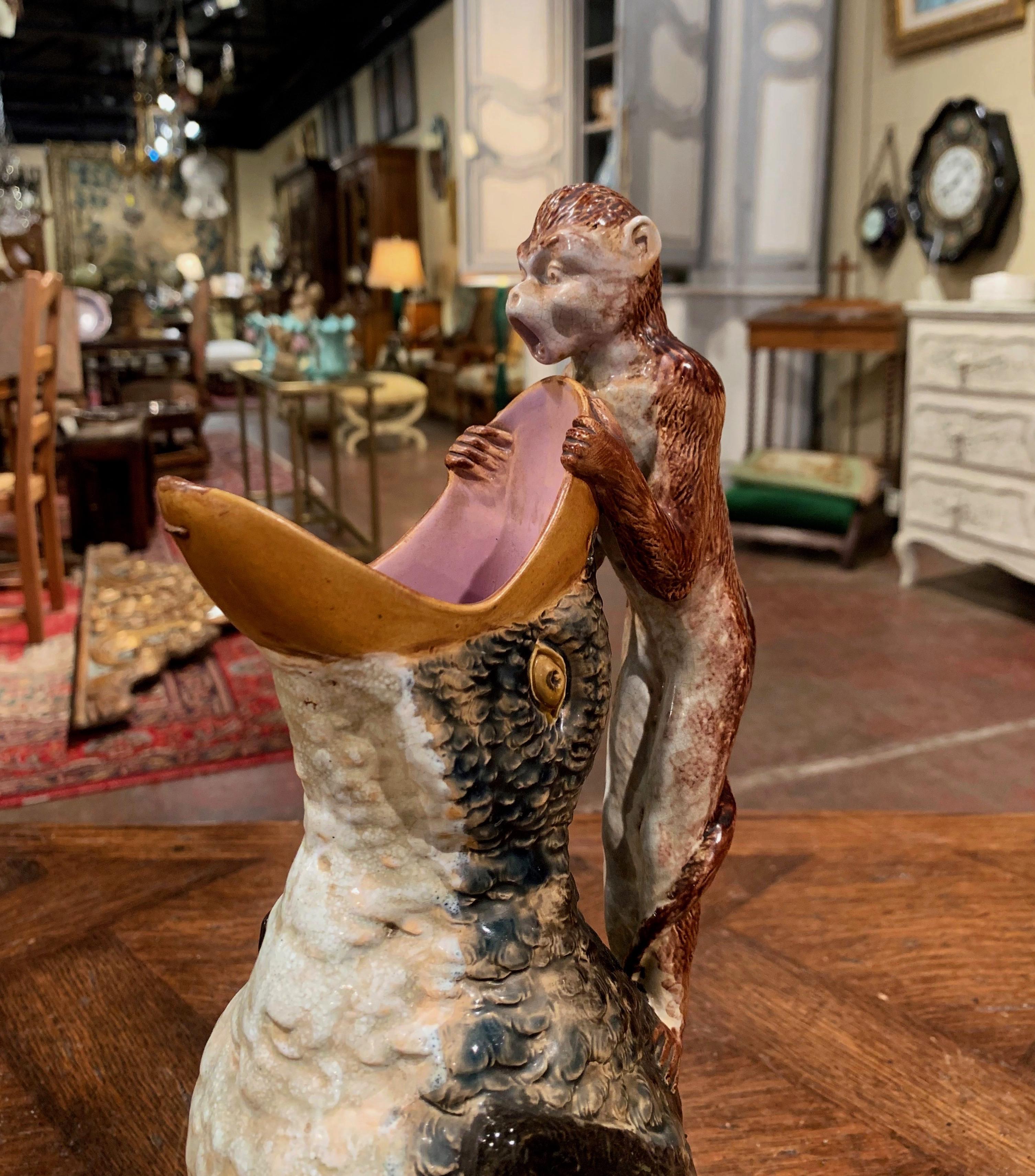 19th Century English Majolica Duck and Monkey Pitcher by Brownfield 1