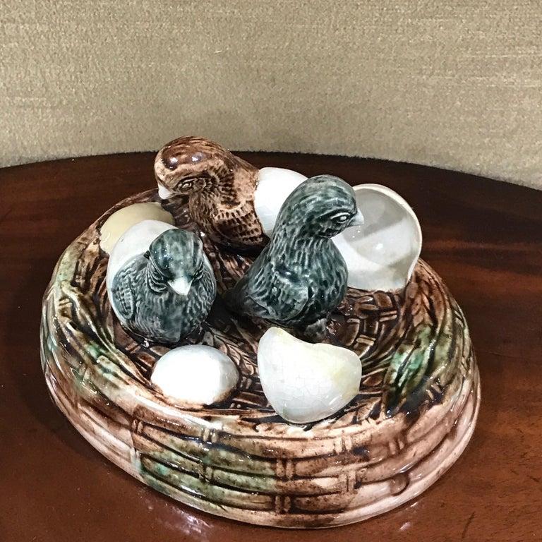 19th century English Majolica Ducklings on Nest Box For Sale 7