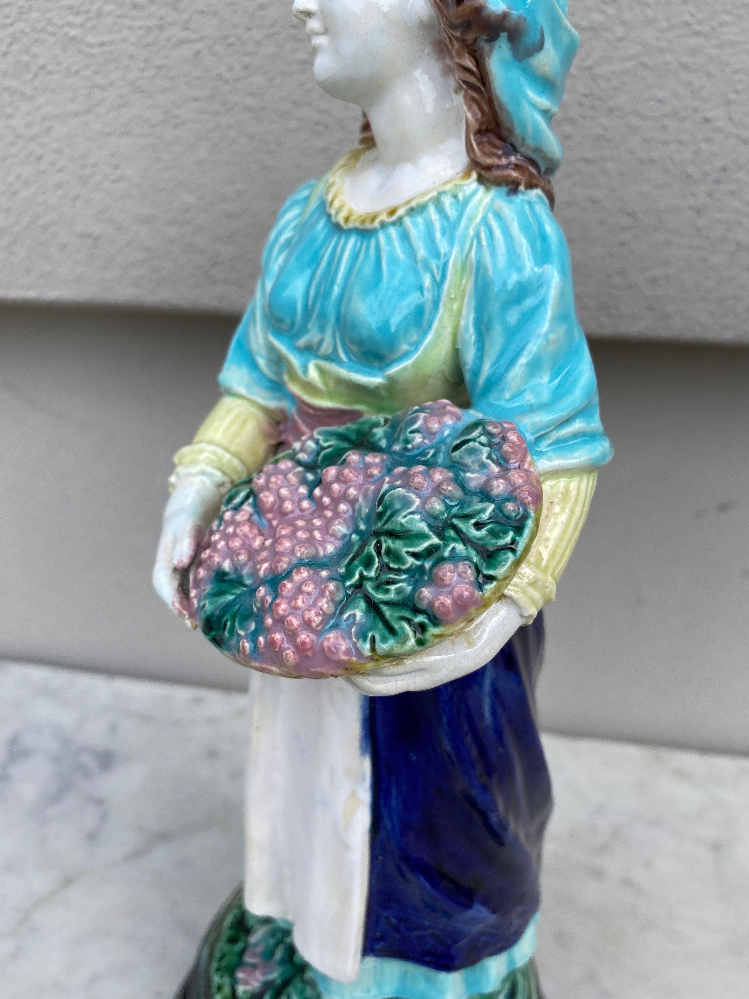 19th Century English Majolica Farmer with Fruits In Good Condition For Sale In Austin, TX