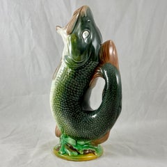 19th Century English Majolica Green, Black Leaping Fish Large Gurgling Jug