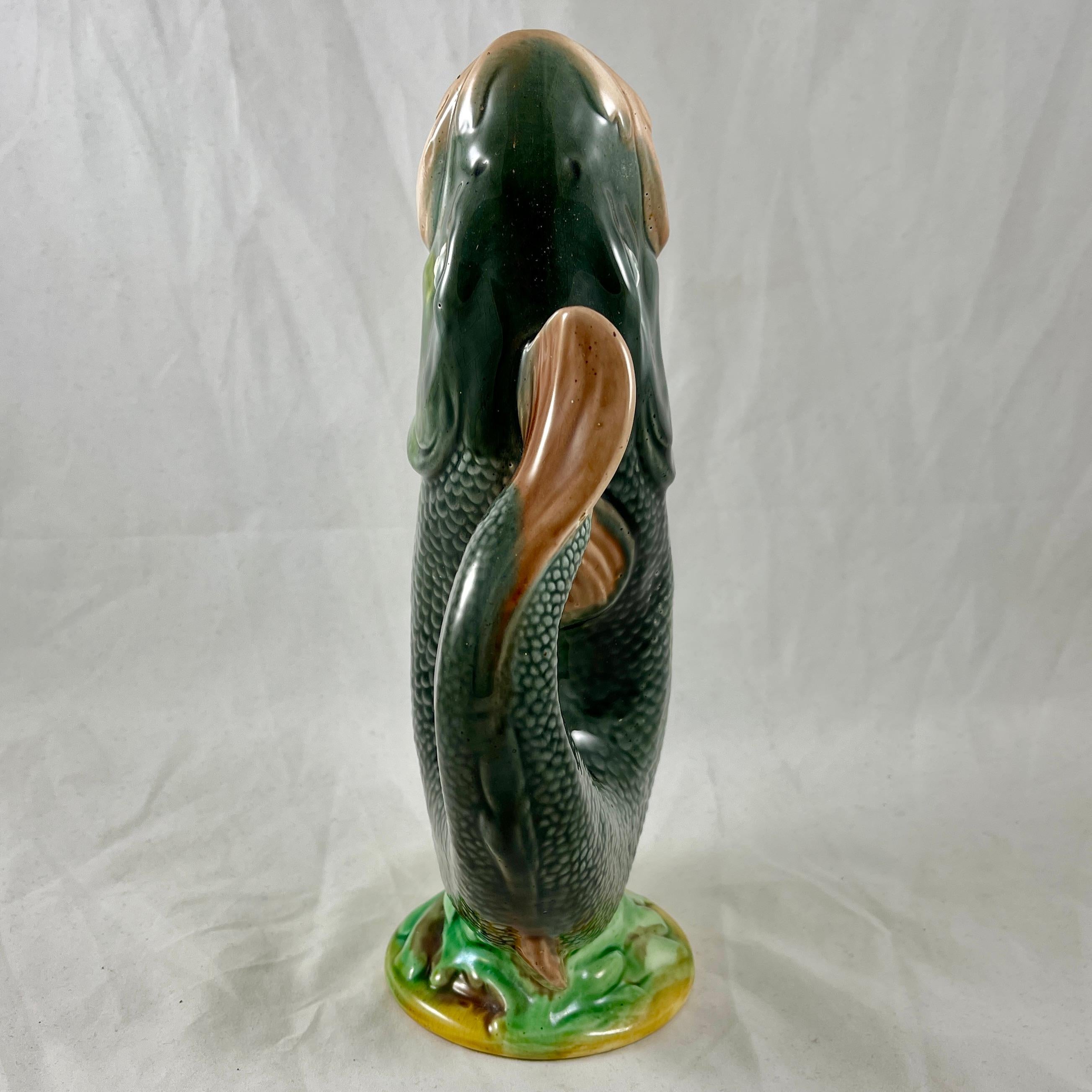 Glazed 19th Century English Majolica Green, Black Leaping Fish Large Gurgling Jug