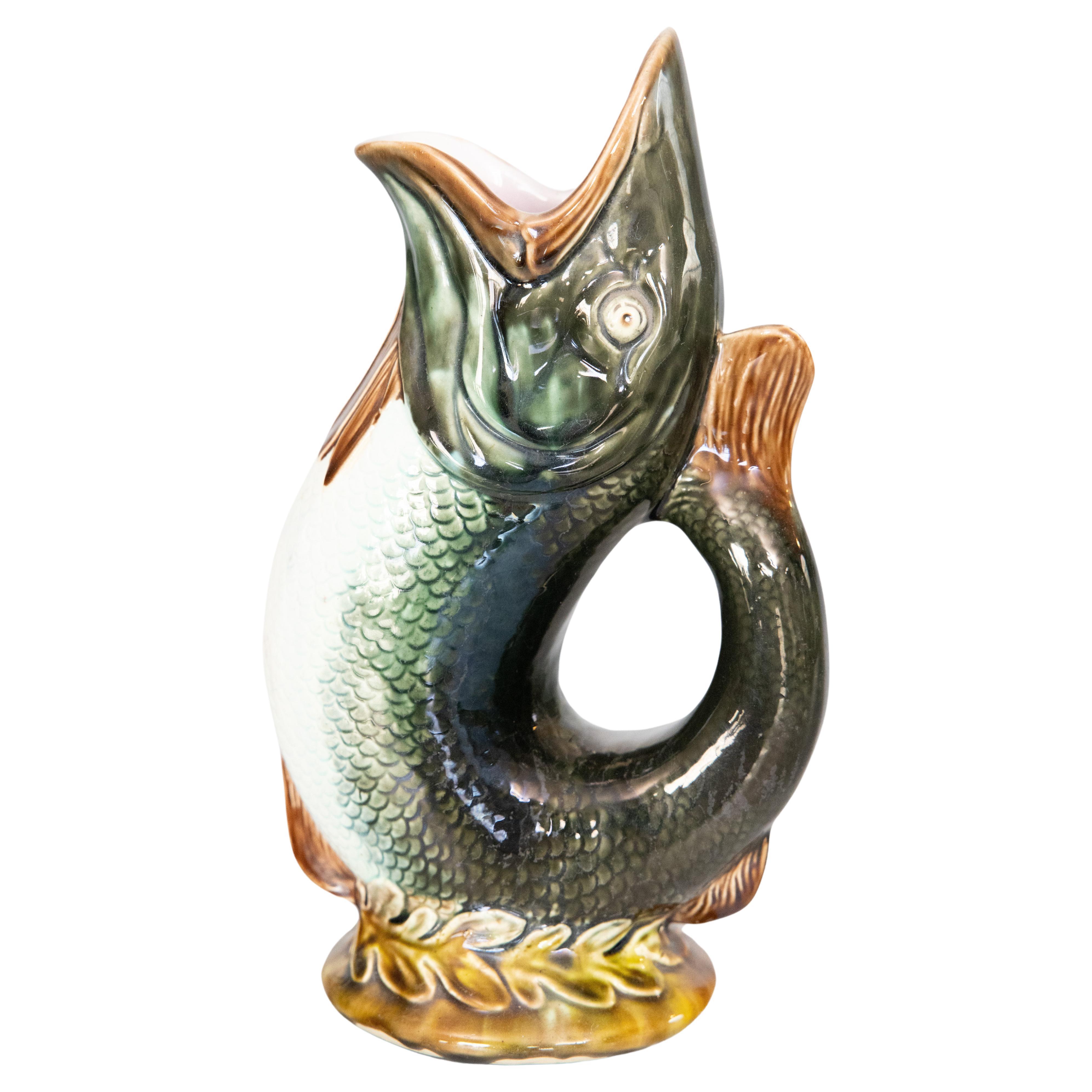 19th Century English Majolica Gurgling Fish Pitcher Jug