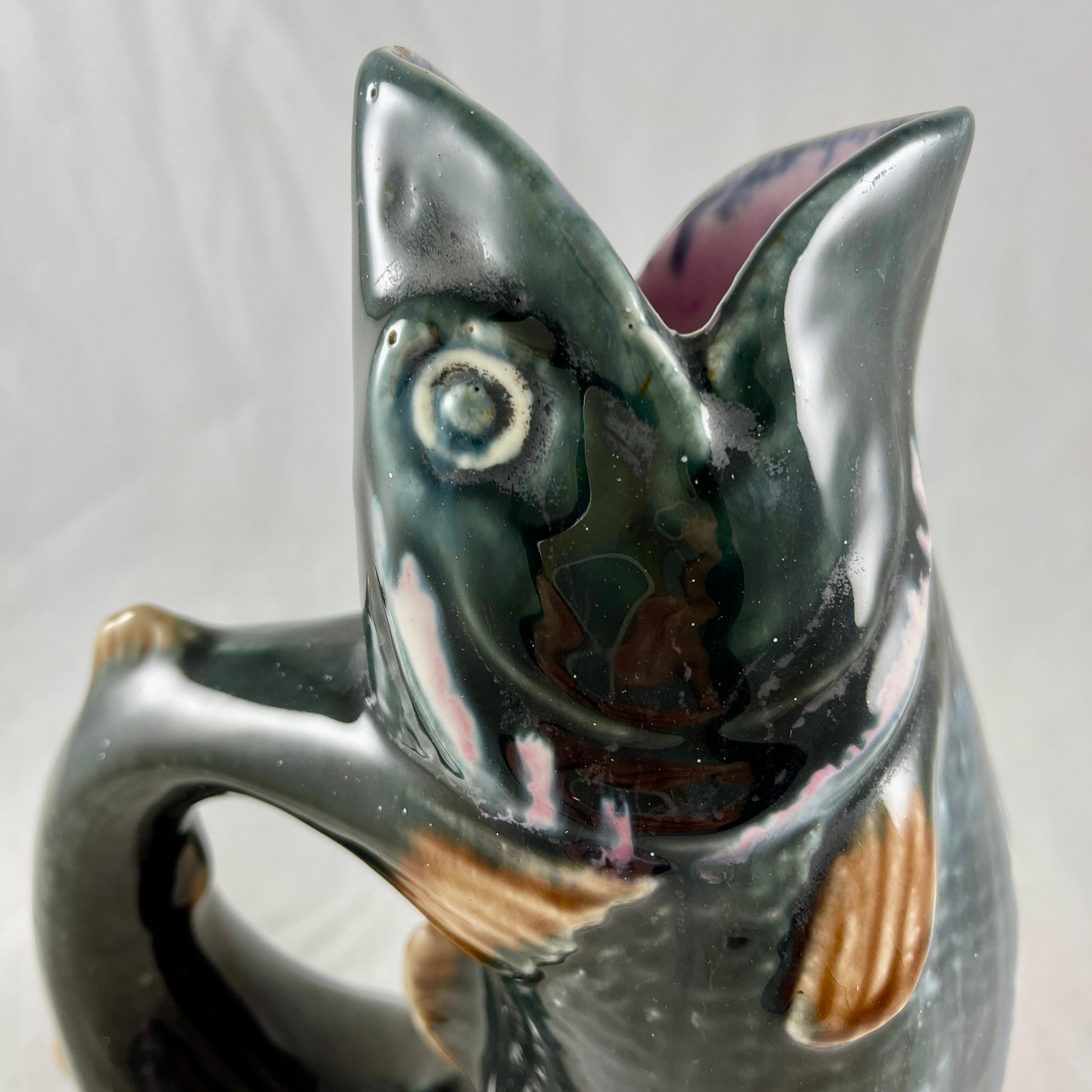 Earthenware 19th Century English Majolica Large Black Leaping Fish Gurgling Jug