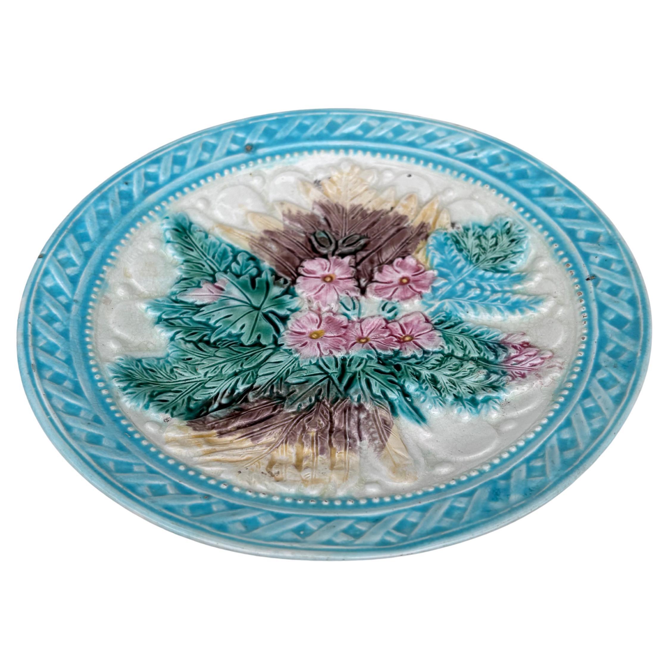19th Century English Majolica Leaves & Pink Flowers Plate.