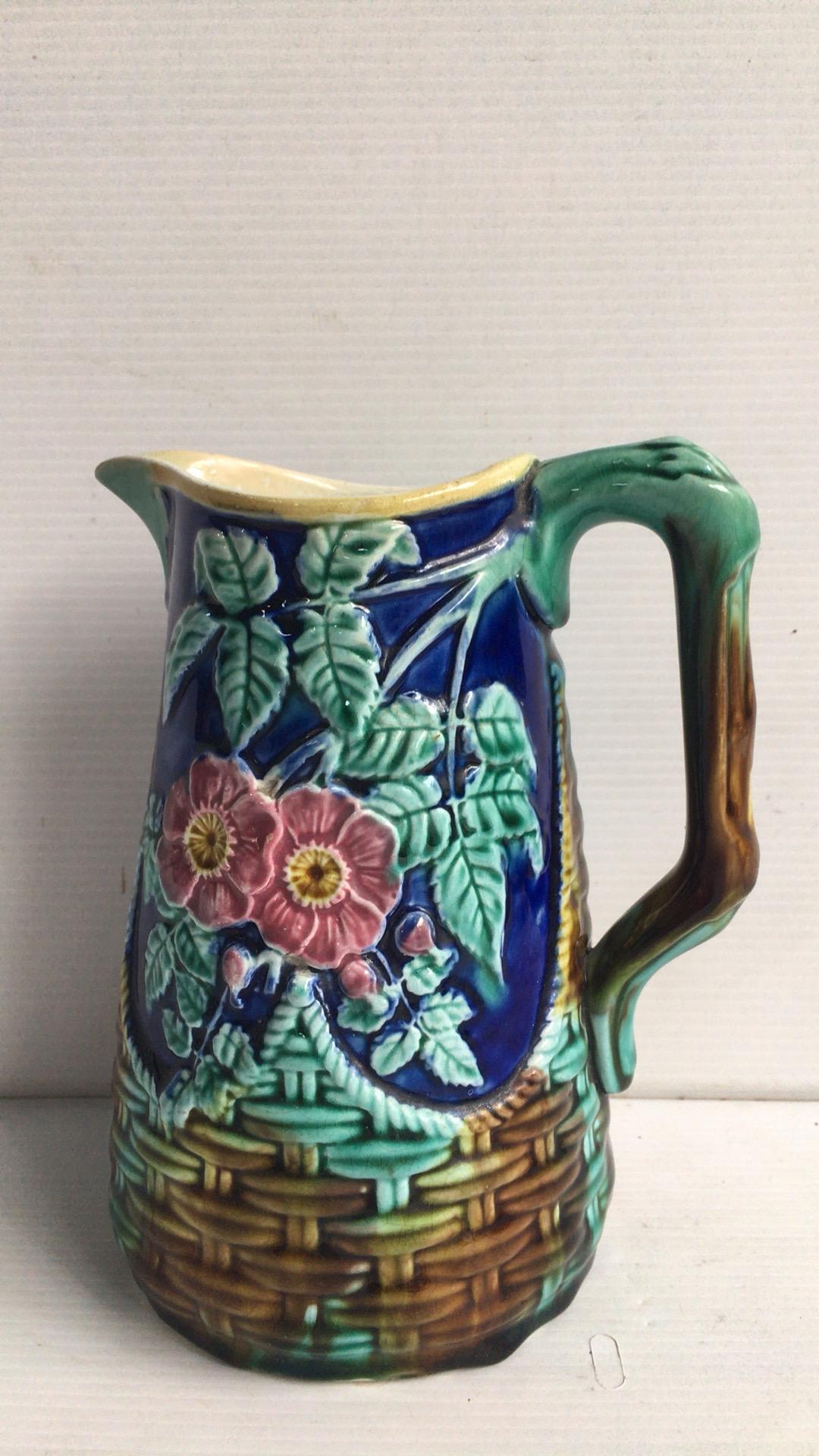 Victorian 19th Century English Majolica Pink Flowers Pitcher 