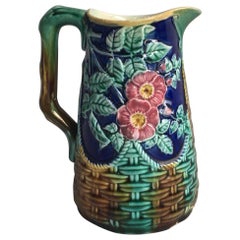 19th Century English Majolica Pink Flowers Pitcher