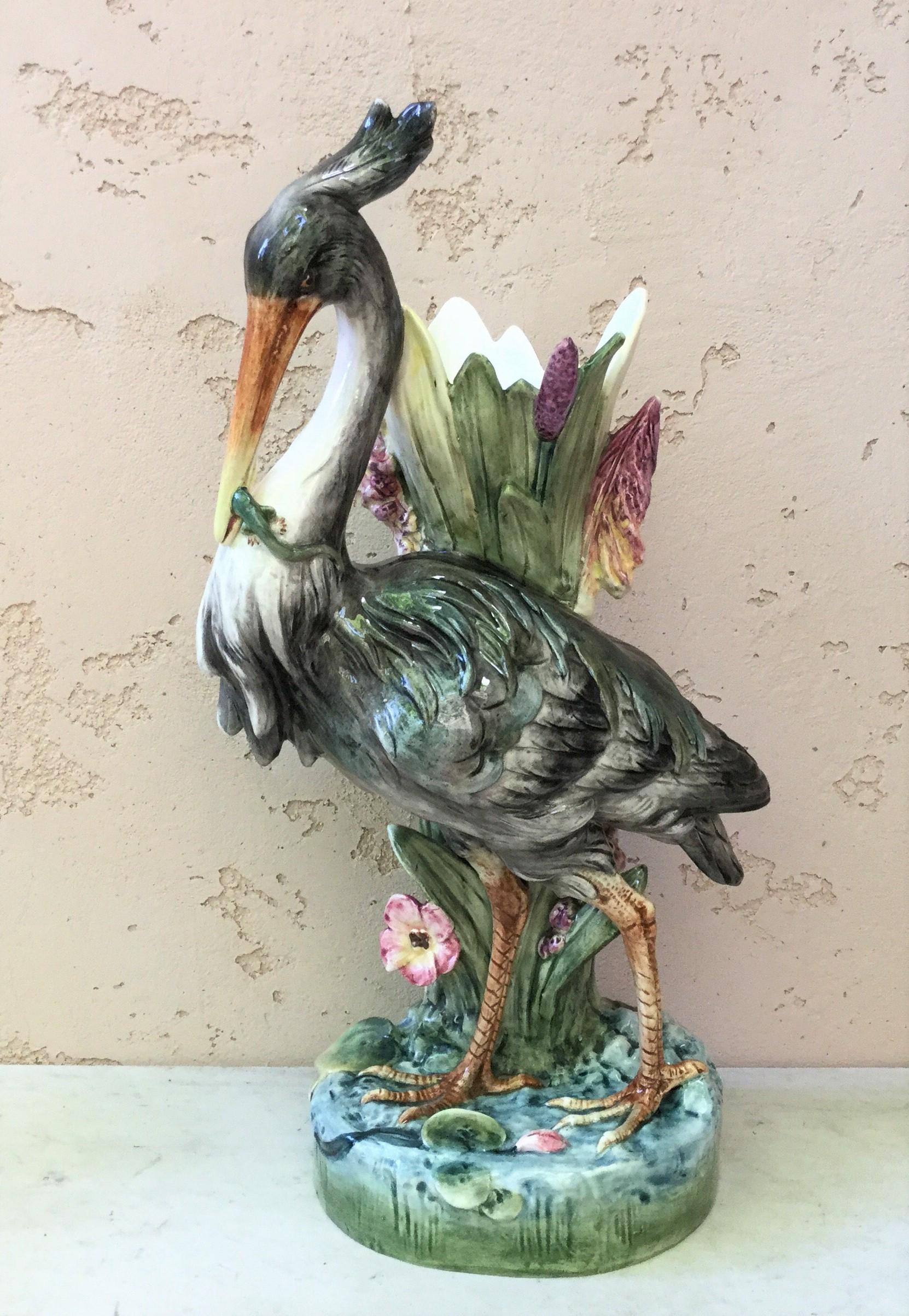 Late 19th Century 19th Century English Majolica Stork Vase, Joseph Holdcroft For Sale