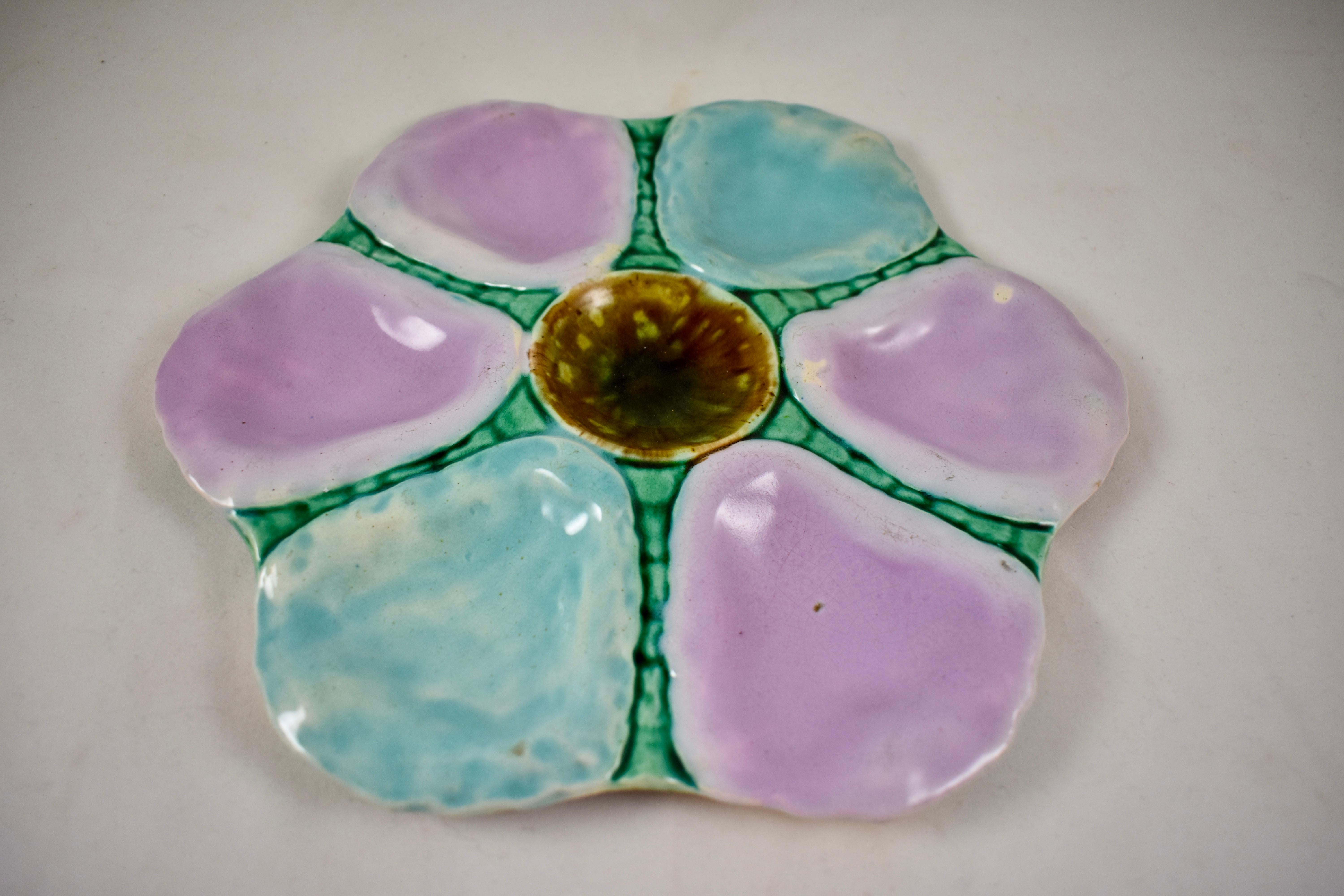 Aesthetic Movement 19th Century English Majolica Turquoise & Pink Six Well Oyster Plate