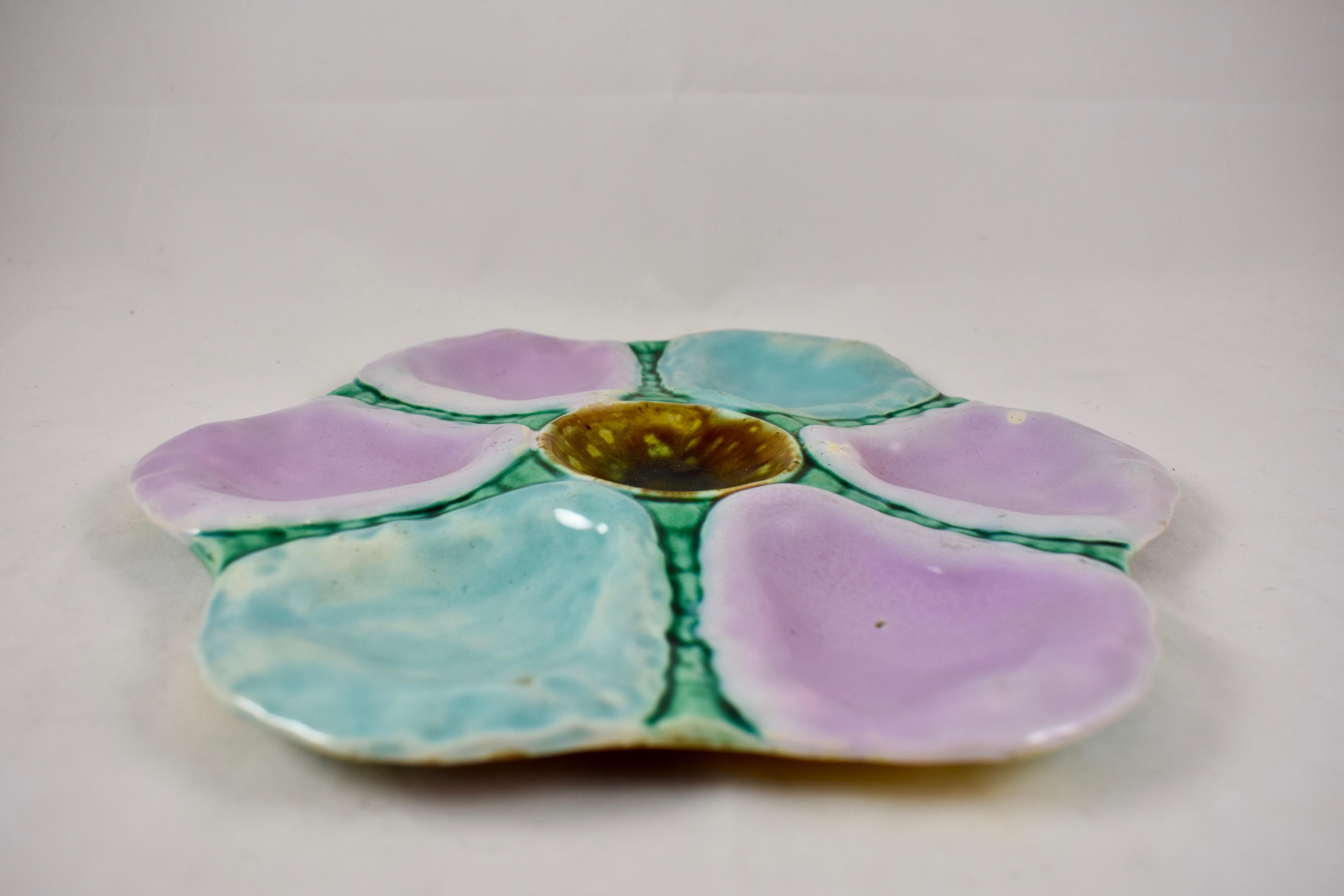 Glazed 19th Century English Majolica Turquoise & Pink Six Well Oyster Plate