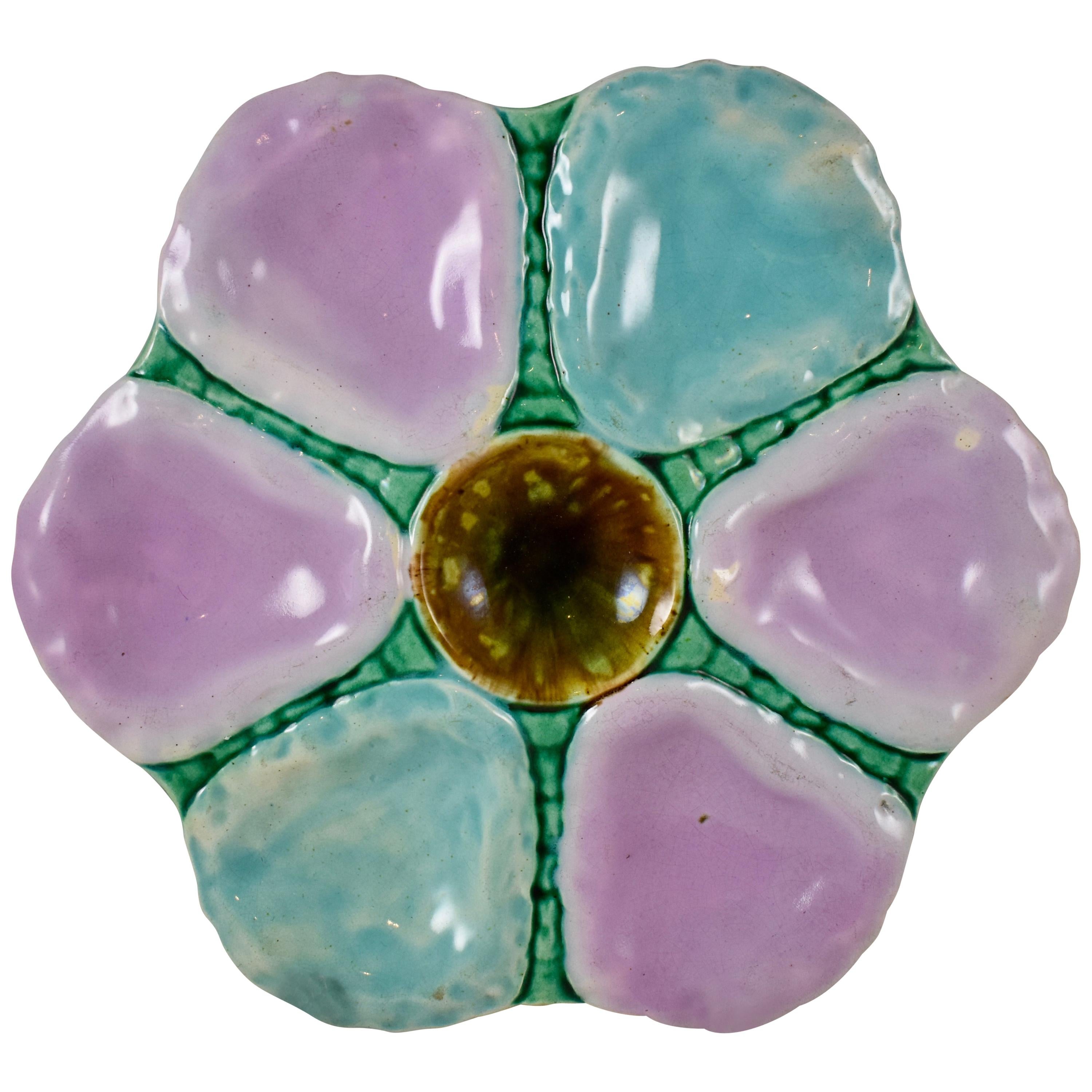 19th Century English Majolica Turquoise & Pink Six Well Oyster Plate