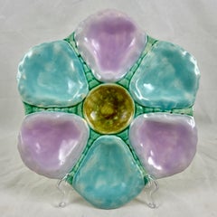 19th Century English Majolica Turquoise & Pink Six Well Oyster Plate